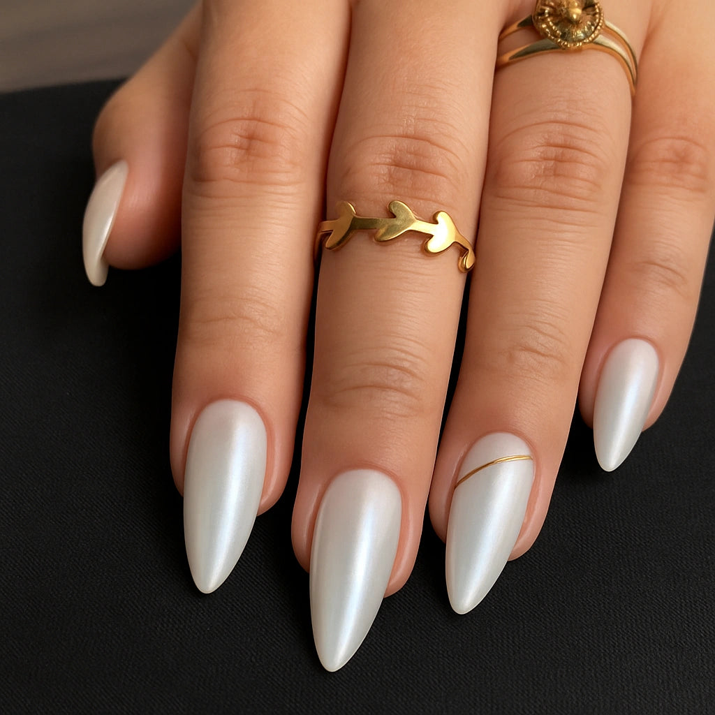 Get almond silver chrome white fake nails 