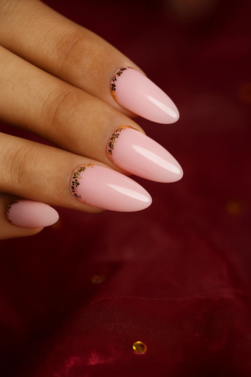 Gold foil french rose pink almond press on nails online