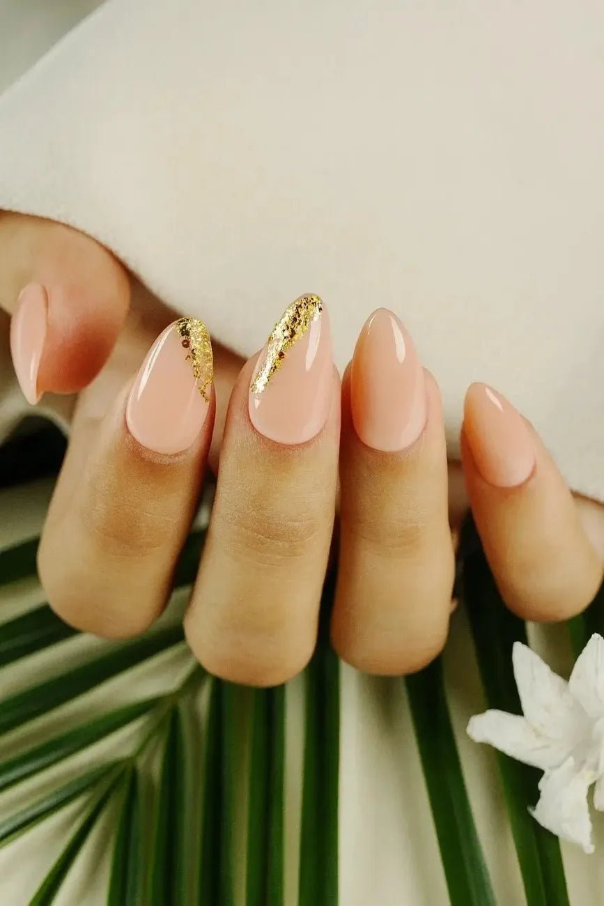 Blush Gold handmade reusable soft gel press-on nails with blush pink and gold accents by Naakhun