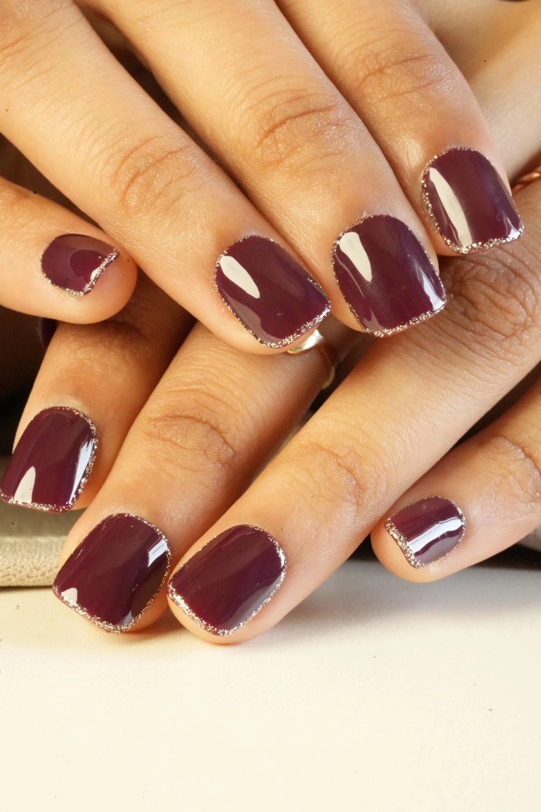 Buy bride's wine maroon red glitter short square fake nails online