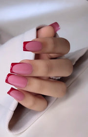 buy cherry red french tip fake nails online in india with nude base