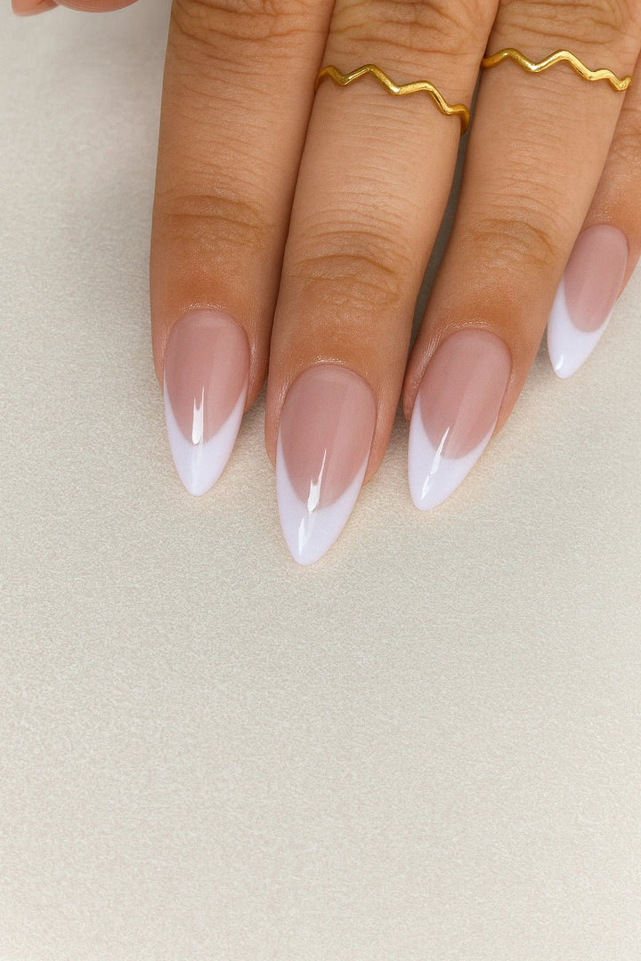 buy deep french almond fake nails with nude base colour