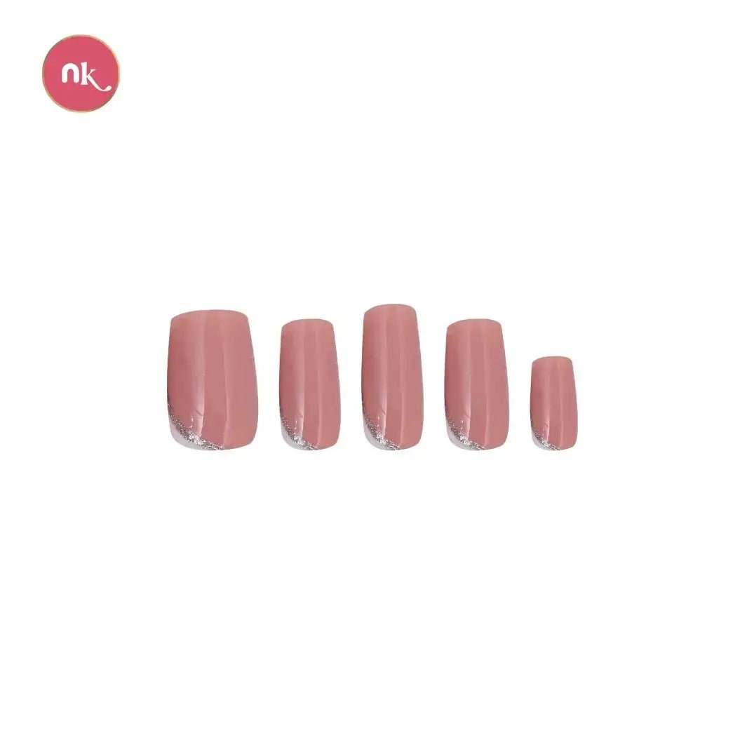 nude rose brown soft gel stick on fake nails with glitter french on them