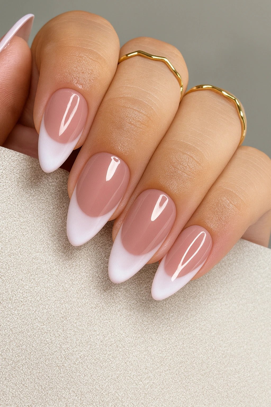 Buy Nude deep white french tip almond fake press on nails online in india