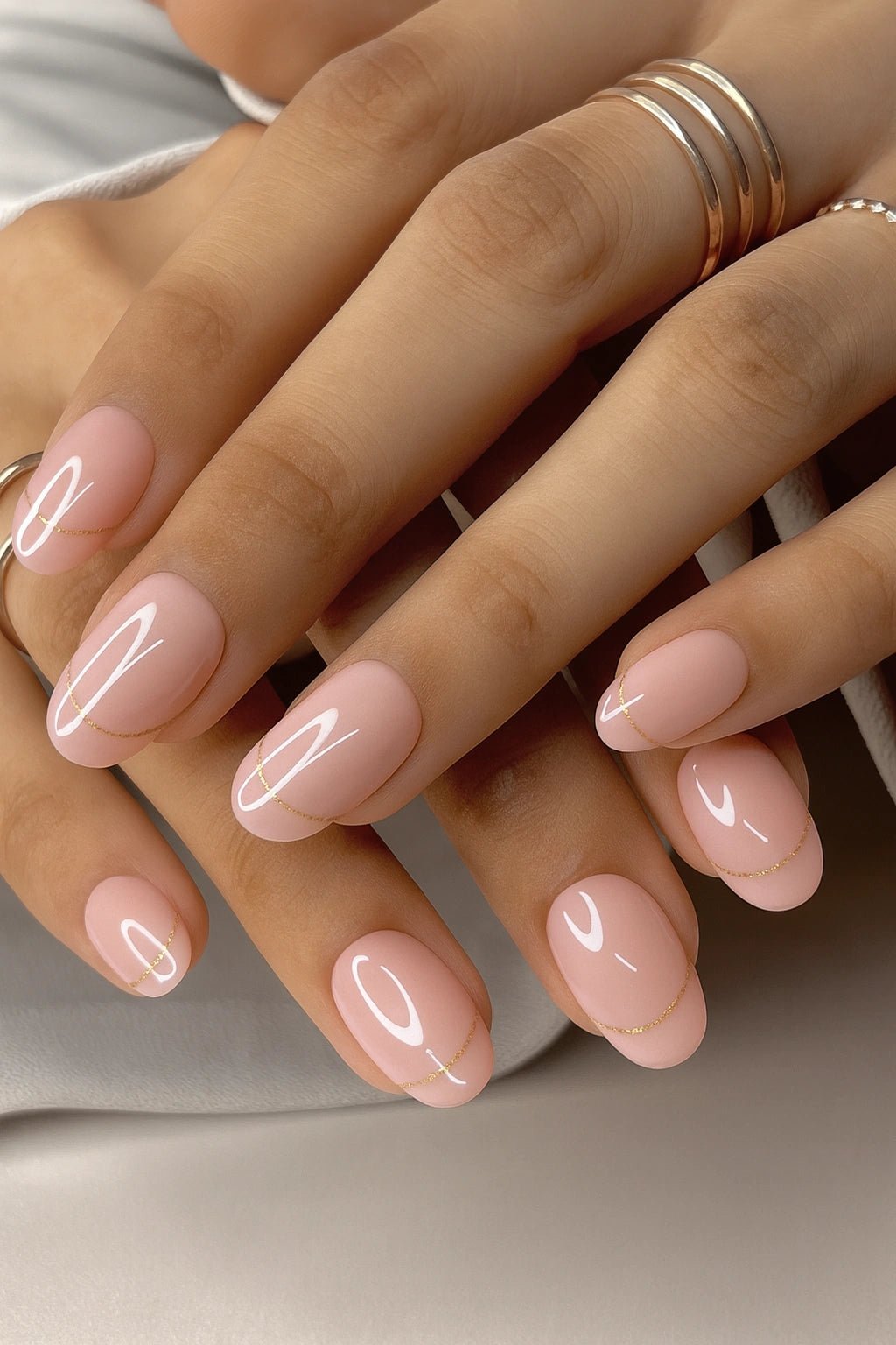 Buy nude pink glitter line french tip fake nails in India