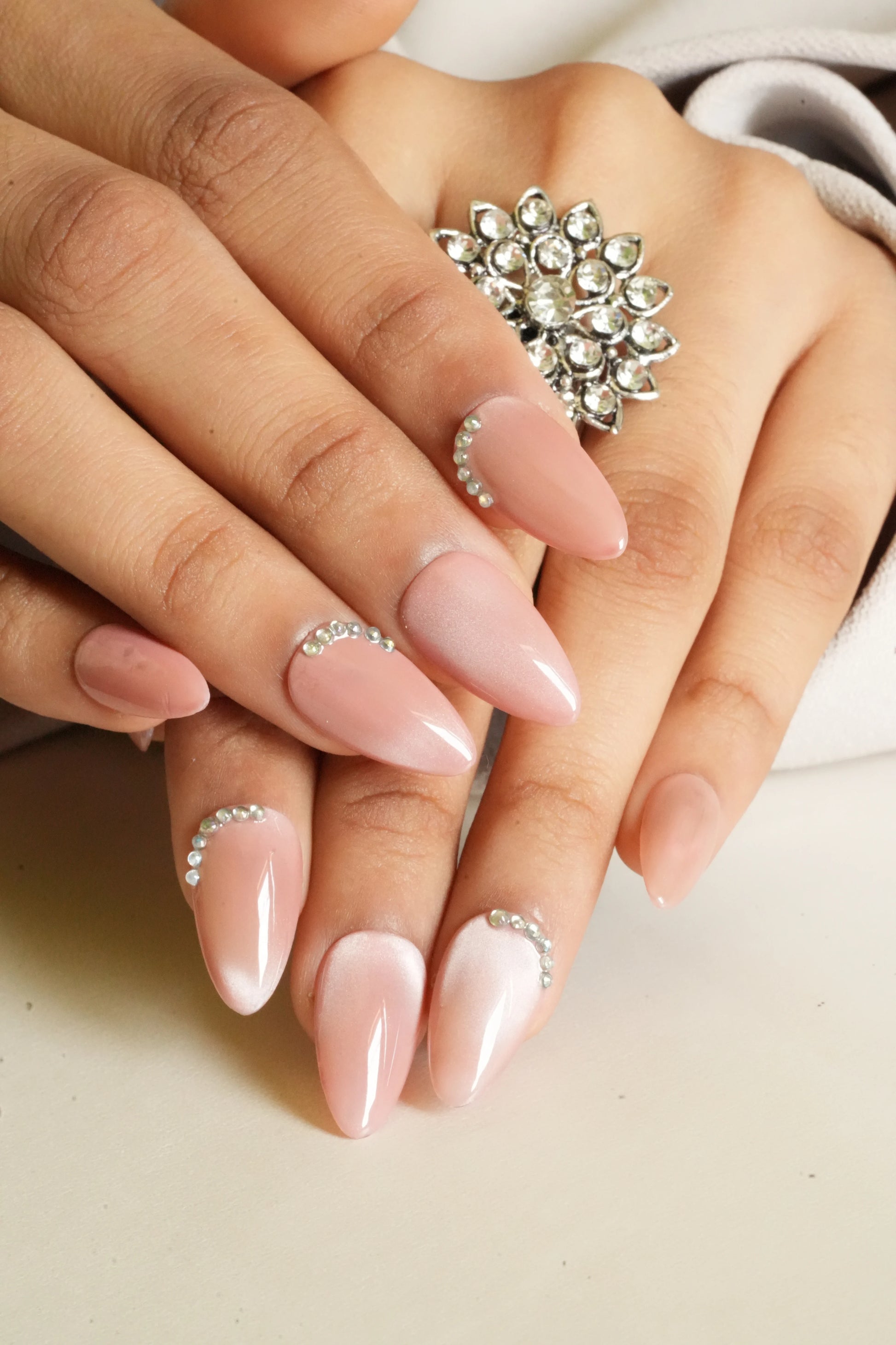 Pink cat eye soft gel press on nails with stones