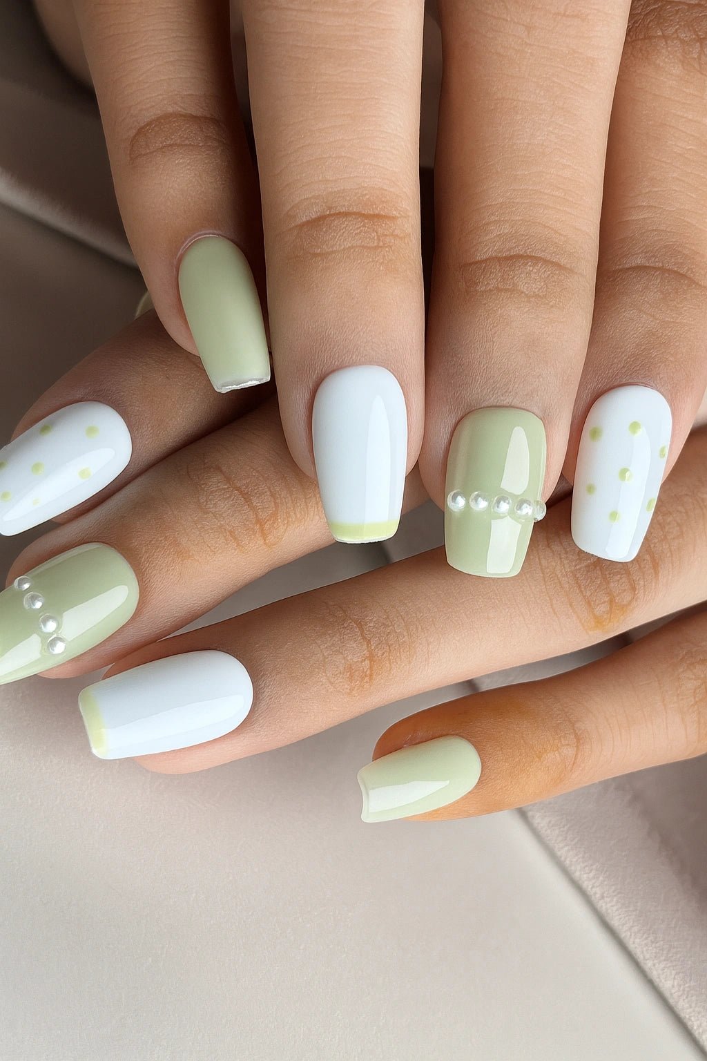 These is our mint green press on nails set named Polka Pearl. These nails carry a french art, dot art and the stone art on fingernails. This mint green set has different design on each finger and also on the thumb, Where all fingers carry a design the thumb carry a floral rhinestone art.