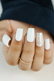 buy White fake nails with silver glitter on ring finger