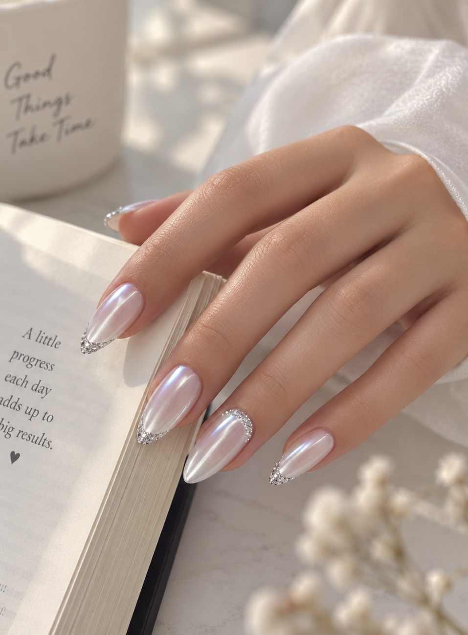 Close-up of Angel Glaze press-on nails