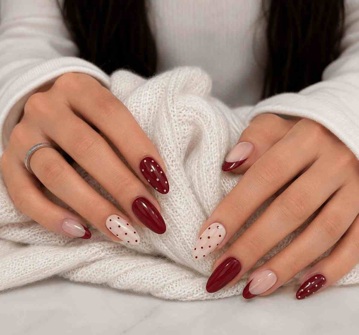 Berry Blush dark wine and creamy white press-on nails with dot design by Naakhun.com
