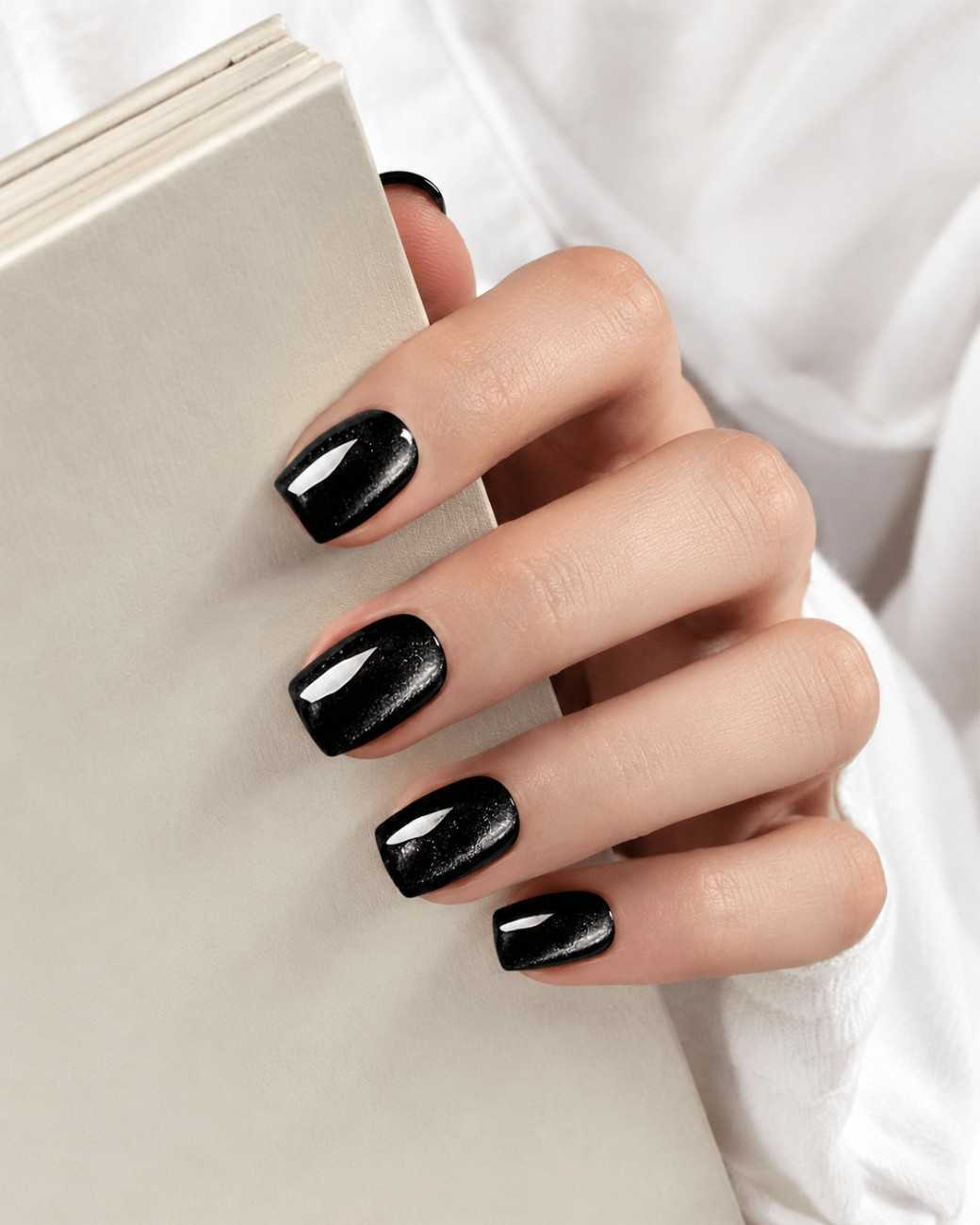 Close-up of Black Aura premium handmade press-on nails