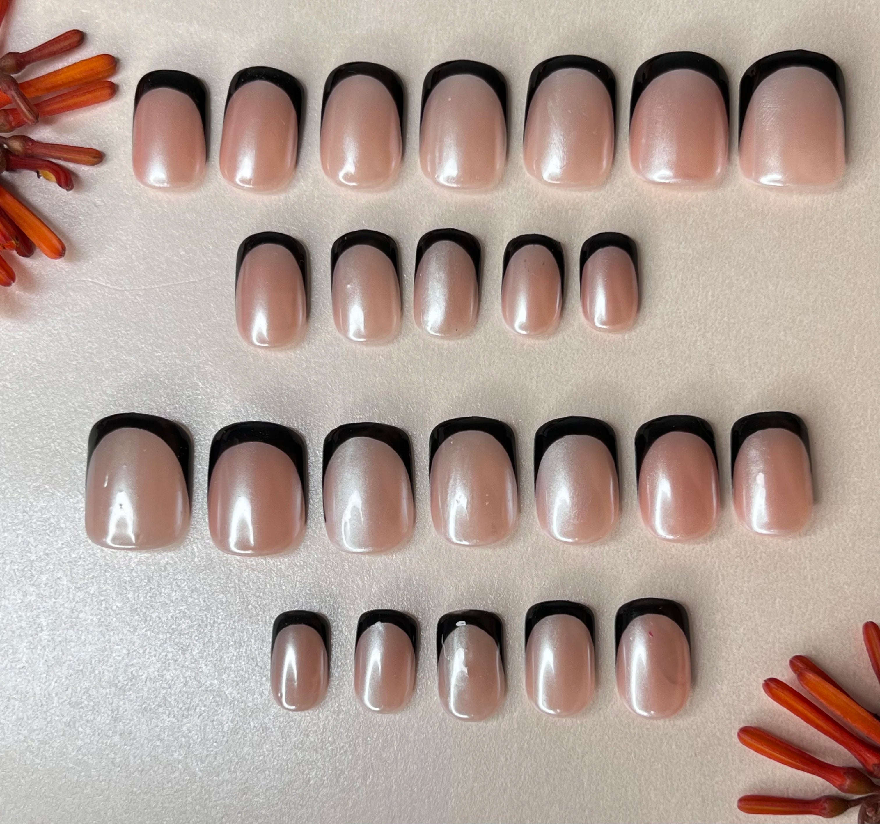 black french tip manicure silver chrome fake artificial press on nails