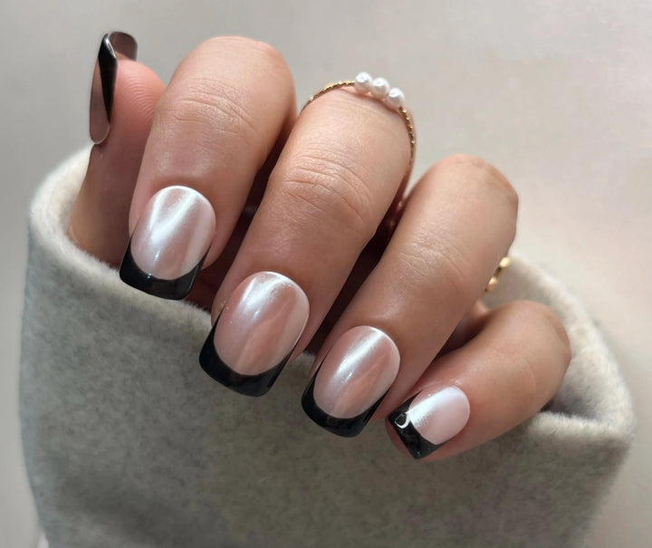black french nude base silver chrome fake artificial press on nails