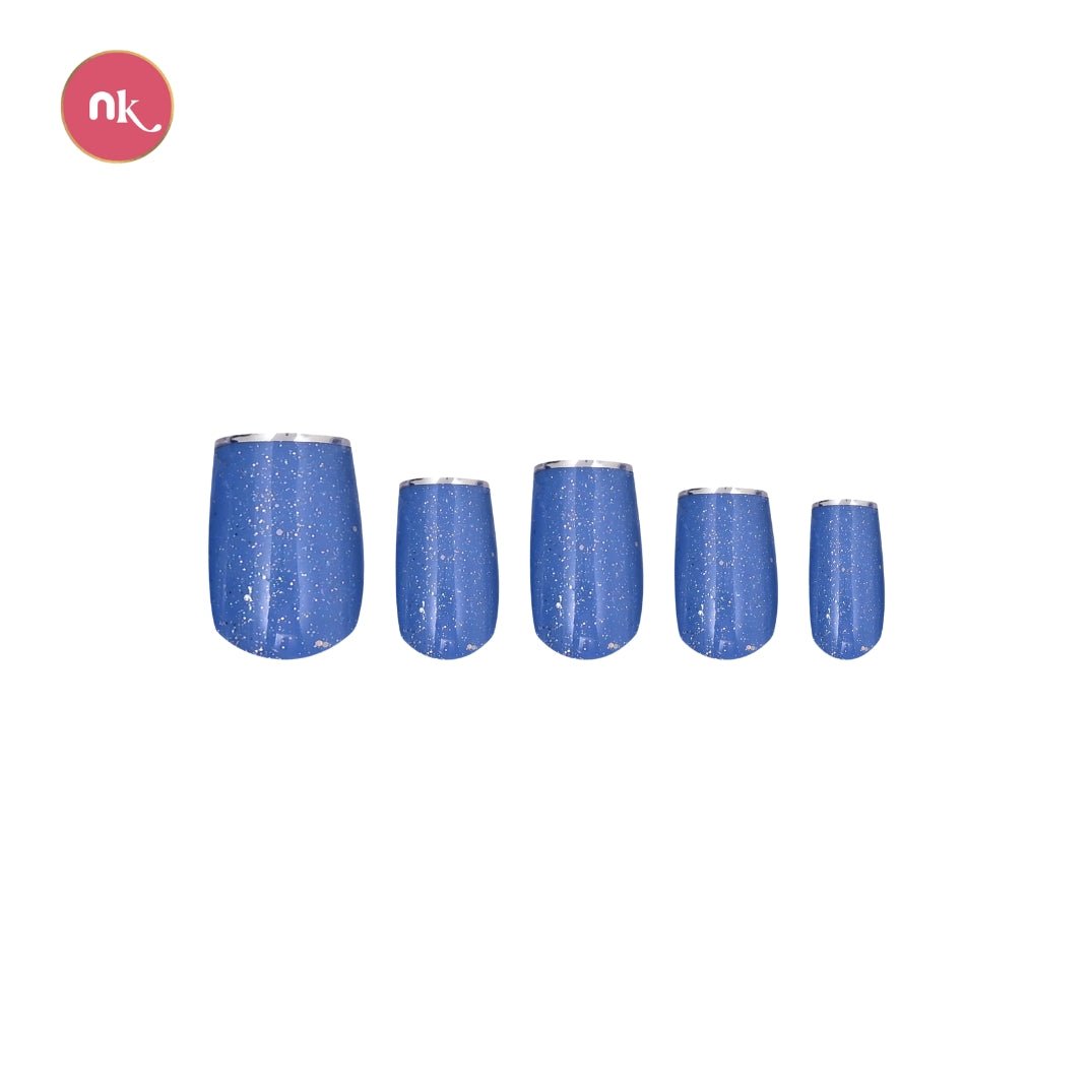 blue glitter shiny silver french tip fake artificial false gel short square handmade press on nails online in india