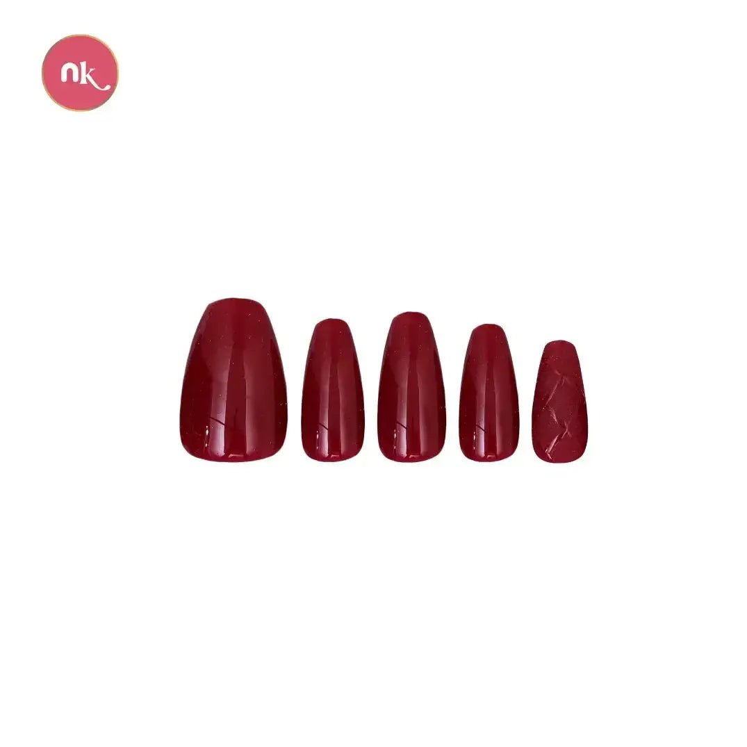 Designer glossy Dark red press on short coffin fake artificial soft gel stick on nails online for bride girls in India