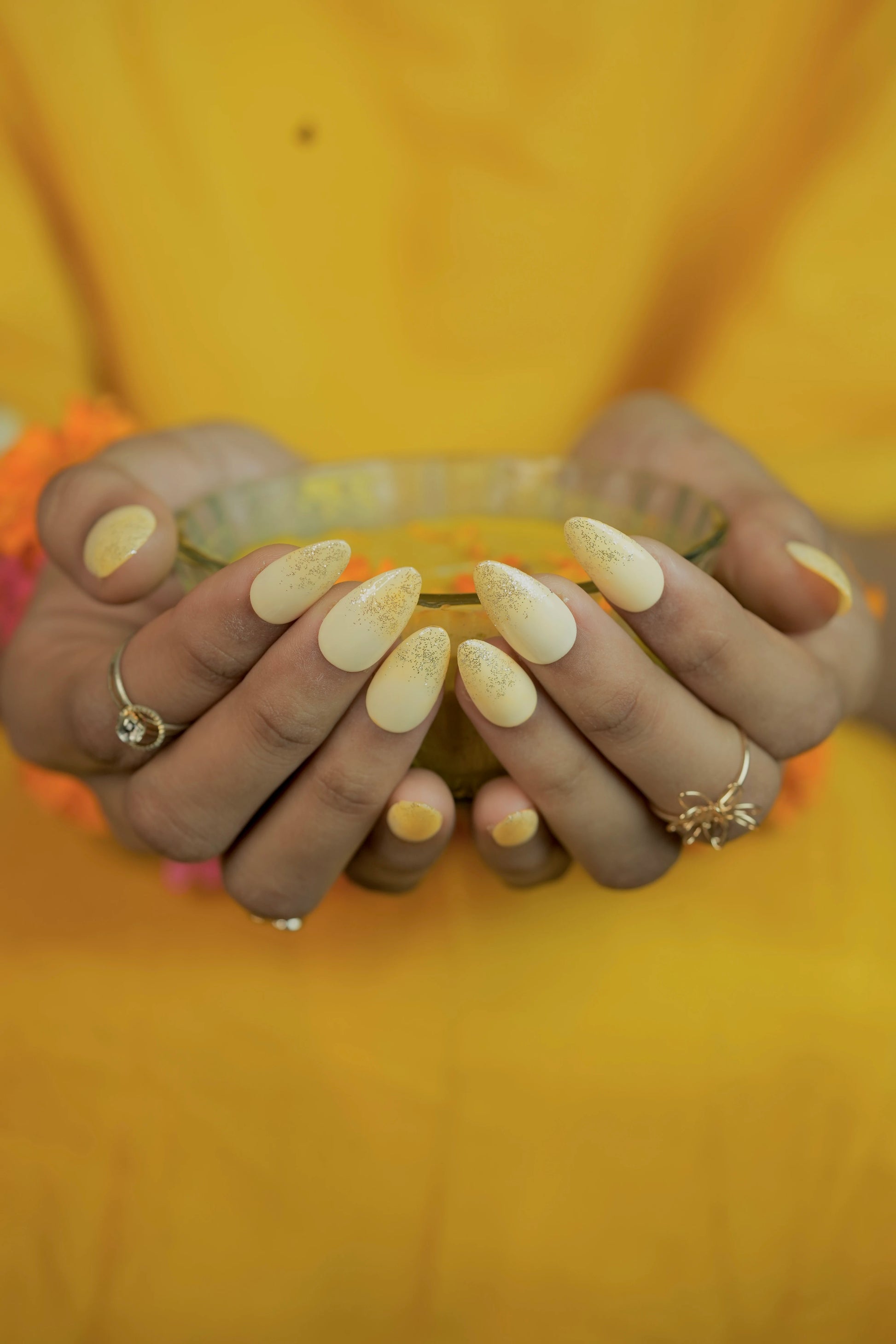 Bridal Haldi press-on nails featuring golden ombré design and elegant shine.