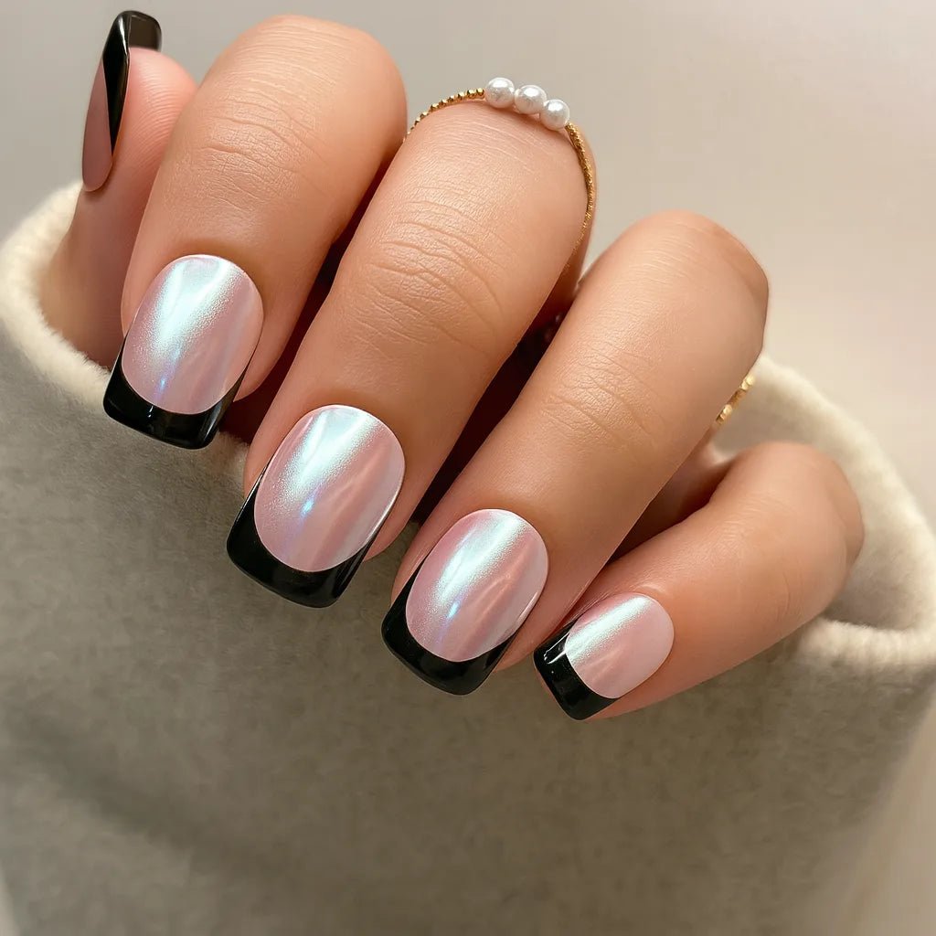 black french tip manicure fake nude base colour with silver white chrome french fake press on nails