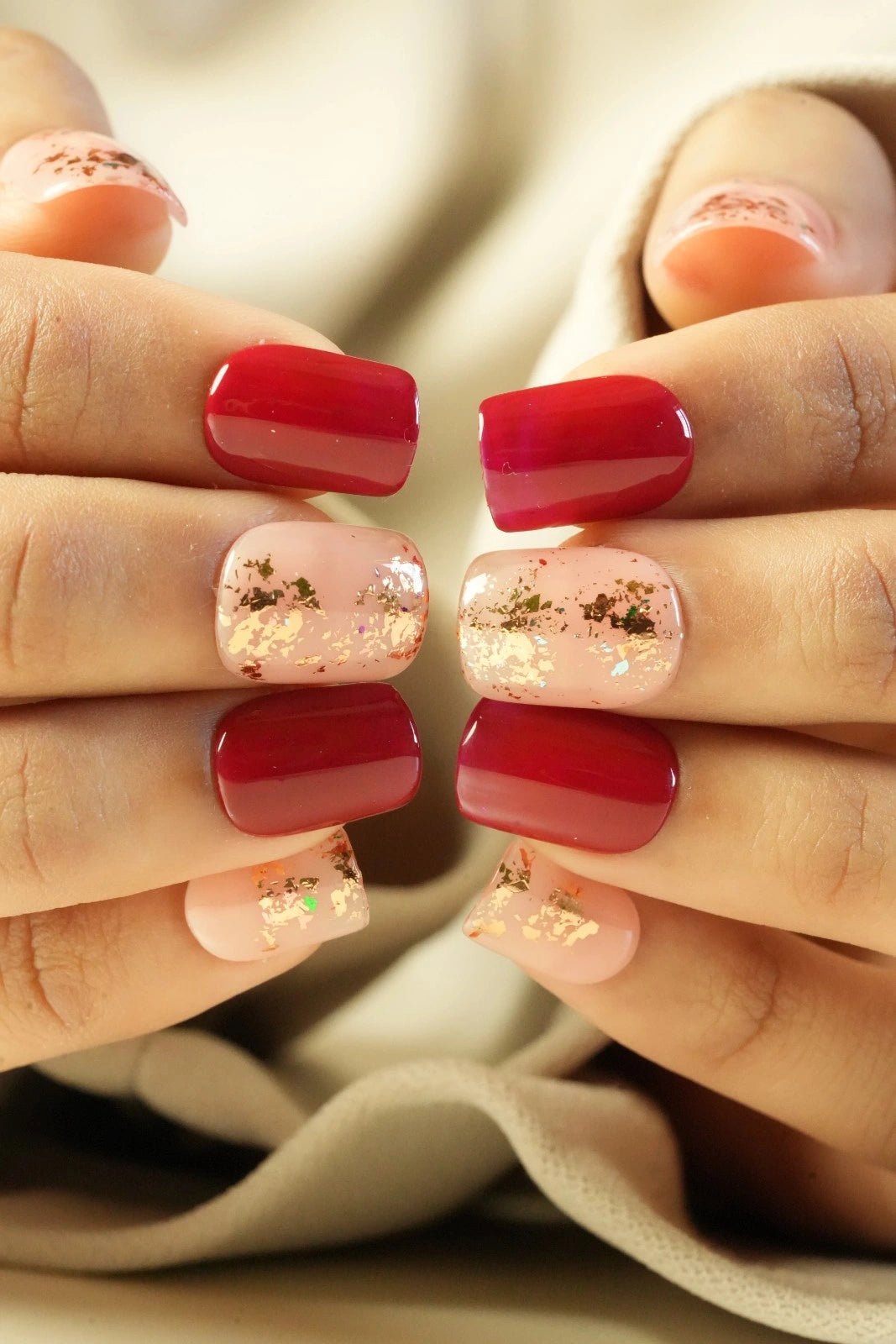 buy bridal nude & red short square golden foil art press on nails