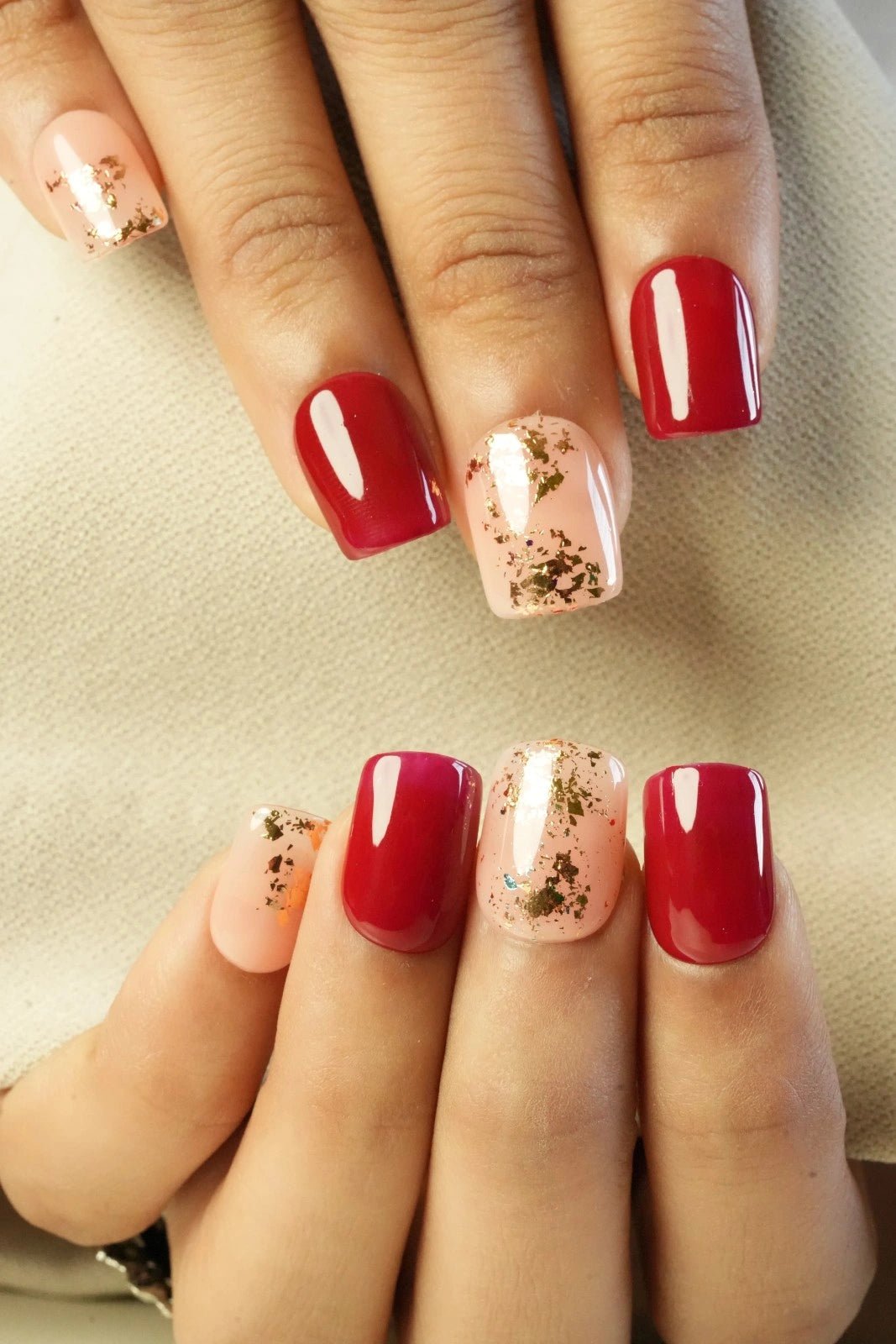 buy nude & red short square foil nail art press on nails