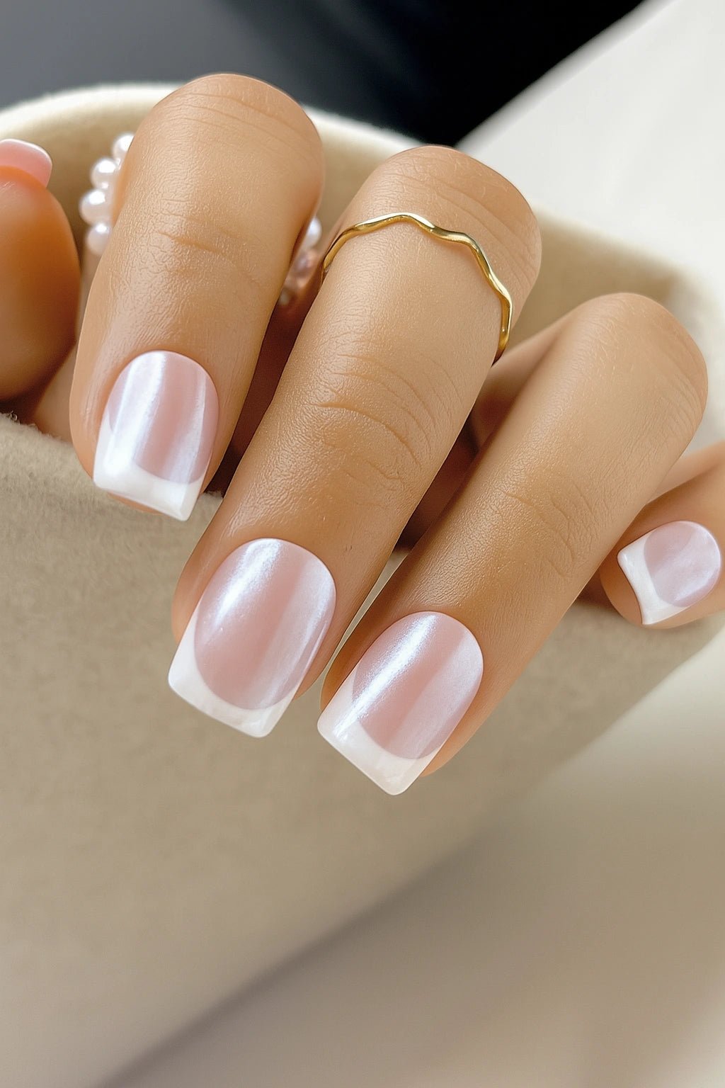 buy get Nude base white silver chrome french tip manicure short square soft gel press on nails extensions