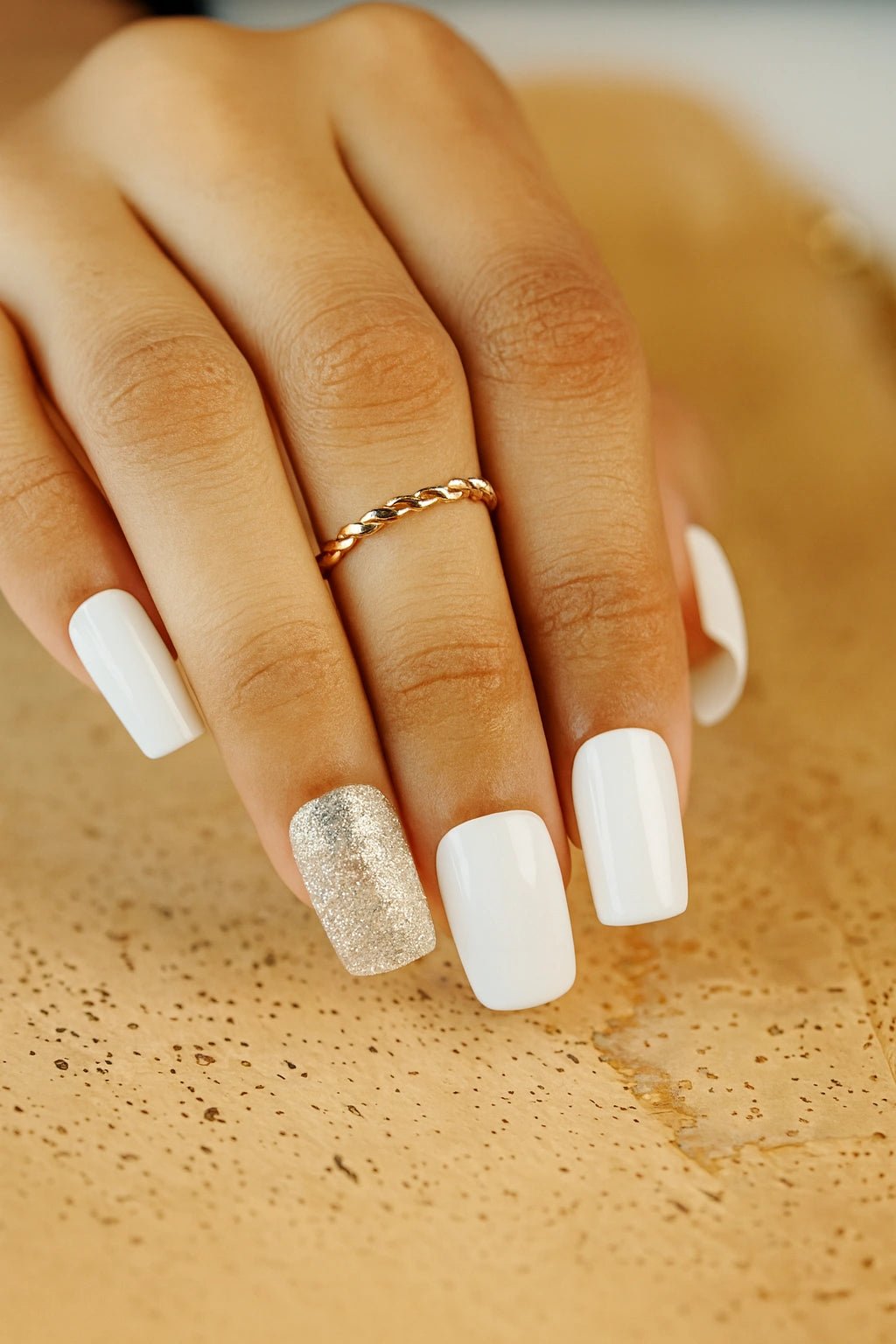 White silver glitter fake nails