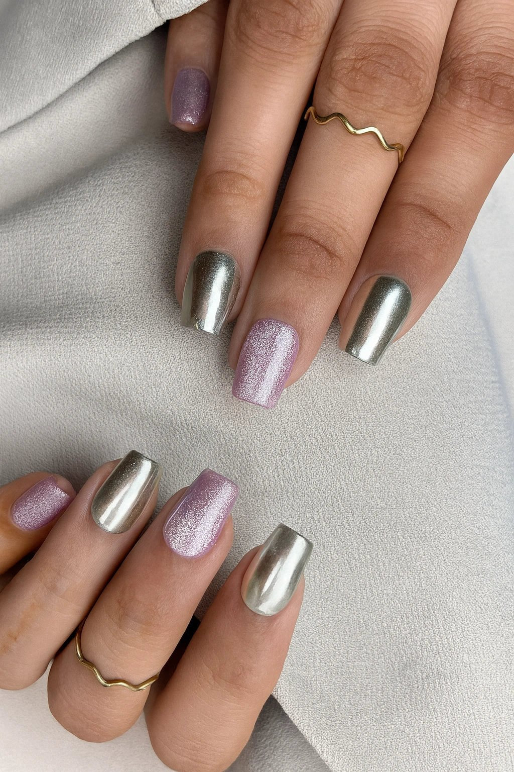 buy silver chrome and lavender cat eye stick on press on fake nails online