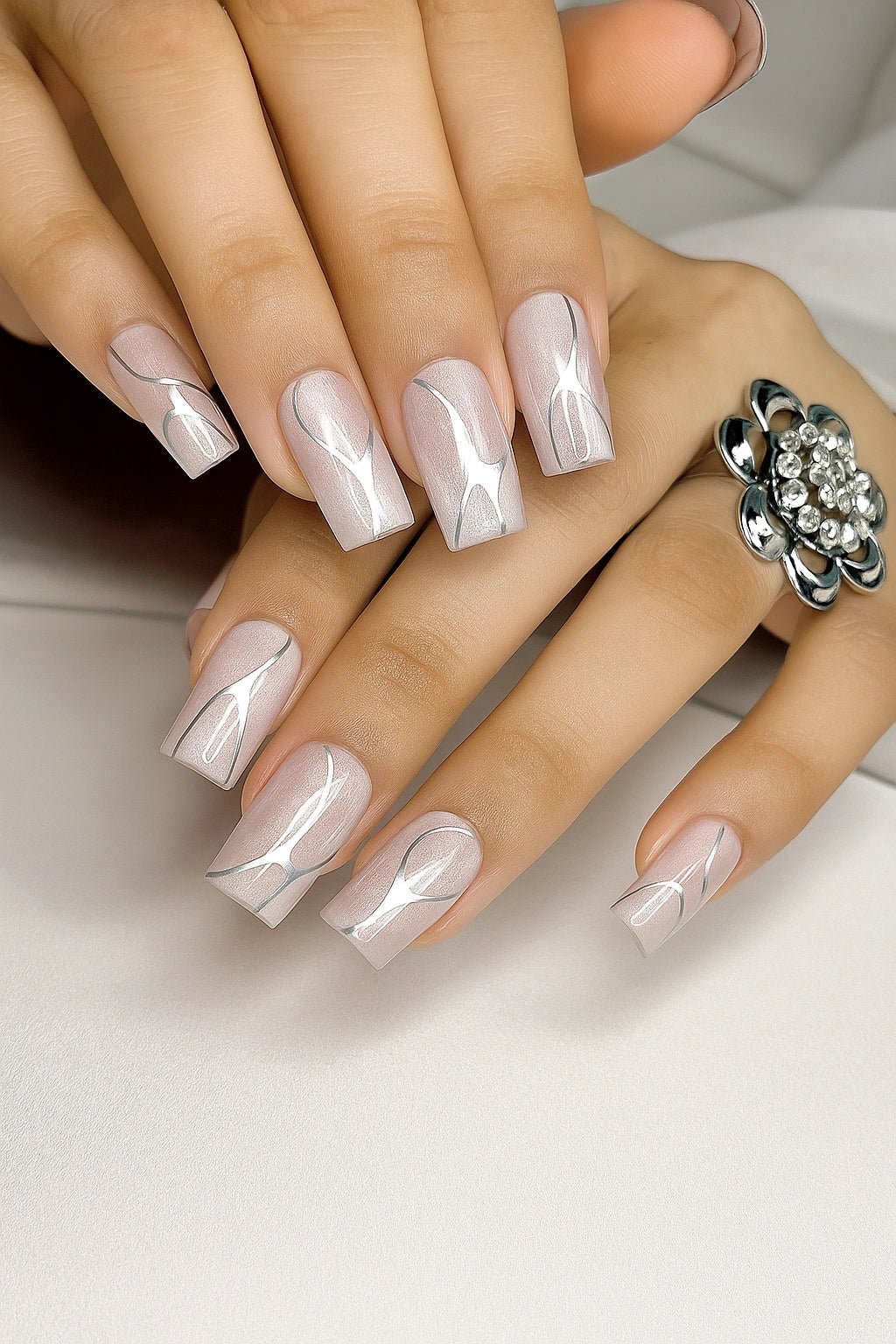 cat eye silver chrome nails art press on nails