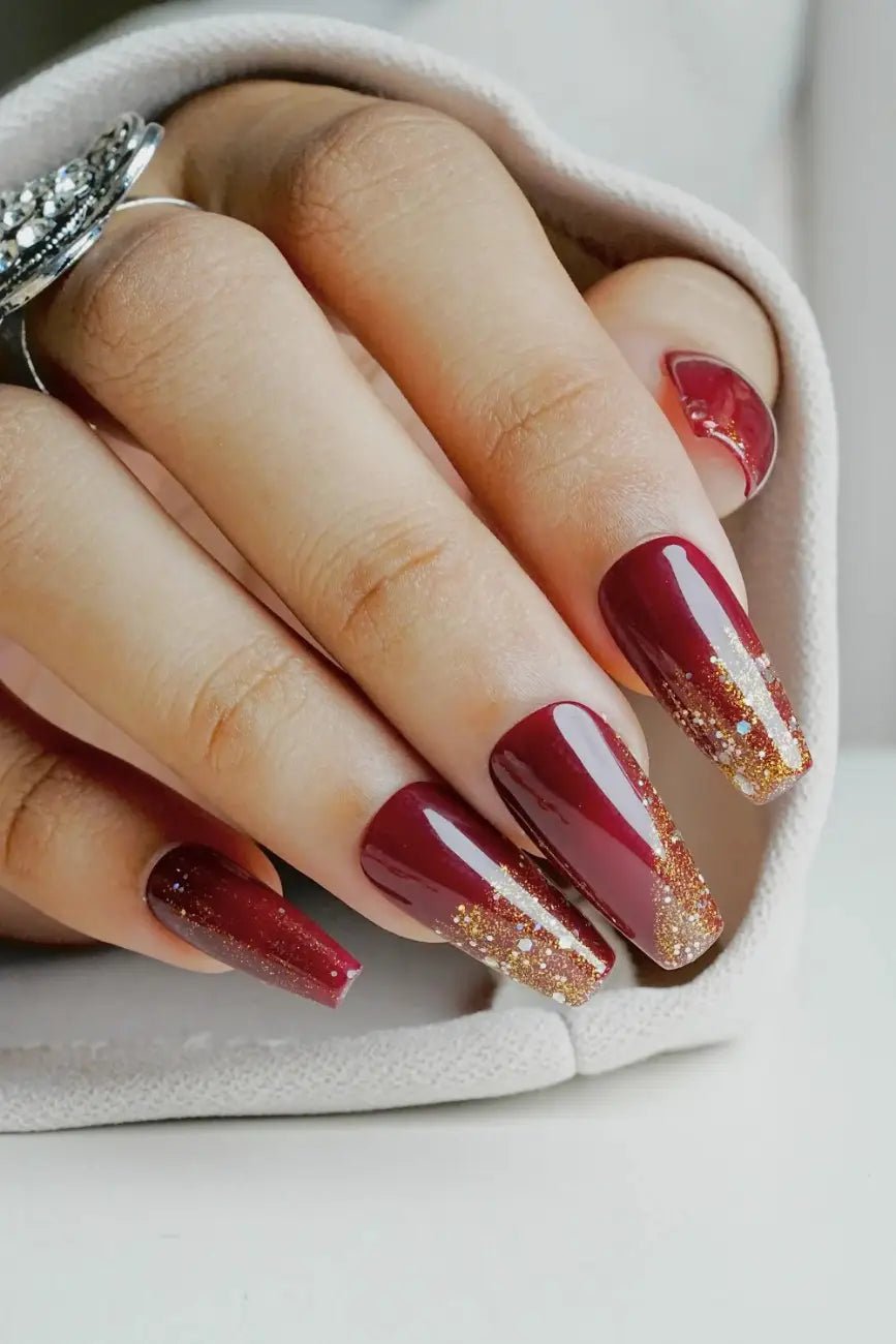 Cherry Luxe handmade reusable soft gel press-on nails with rich cherry red finish by Naakhun