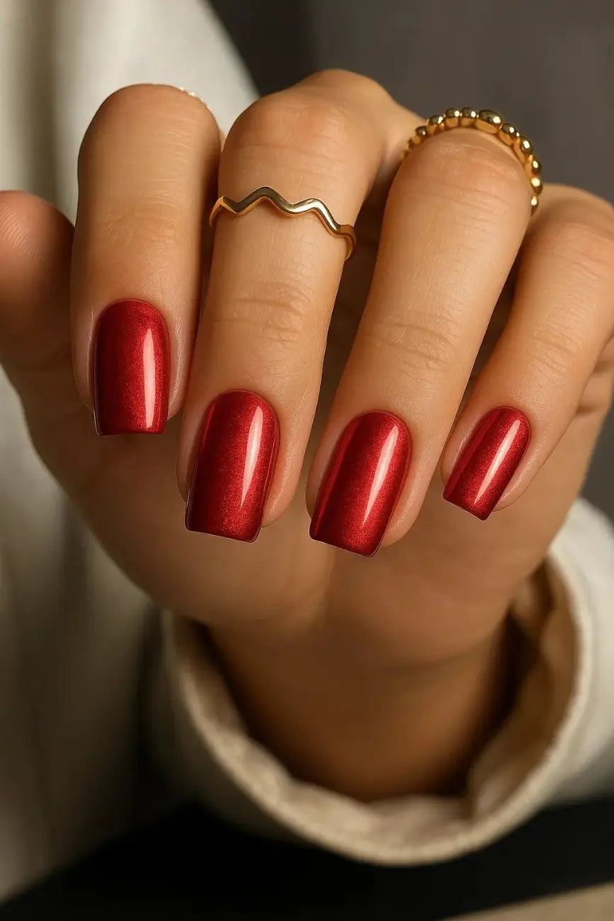 Close-up of Cherry Pop nails highlighting the glossy cherry red finish