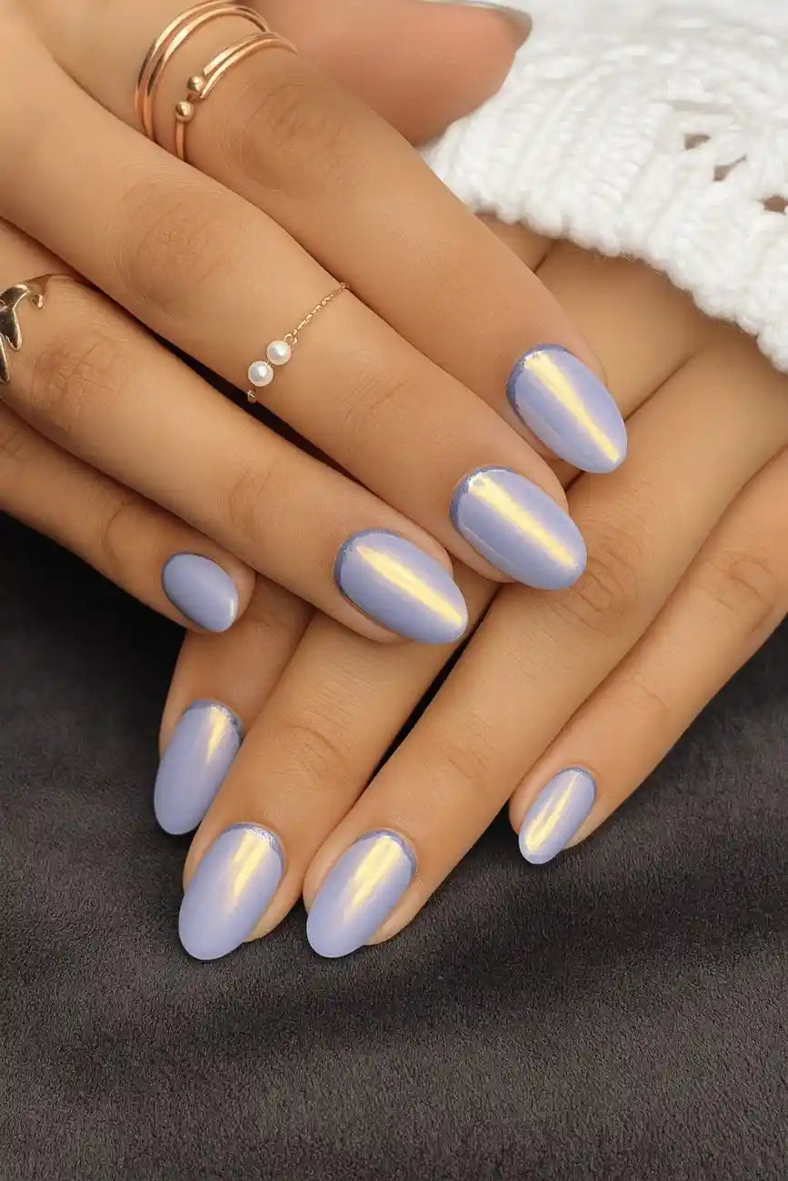 Front view of Chroma Glow press-on nails featuring a luminous chrome effect