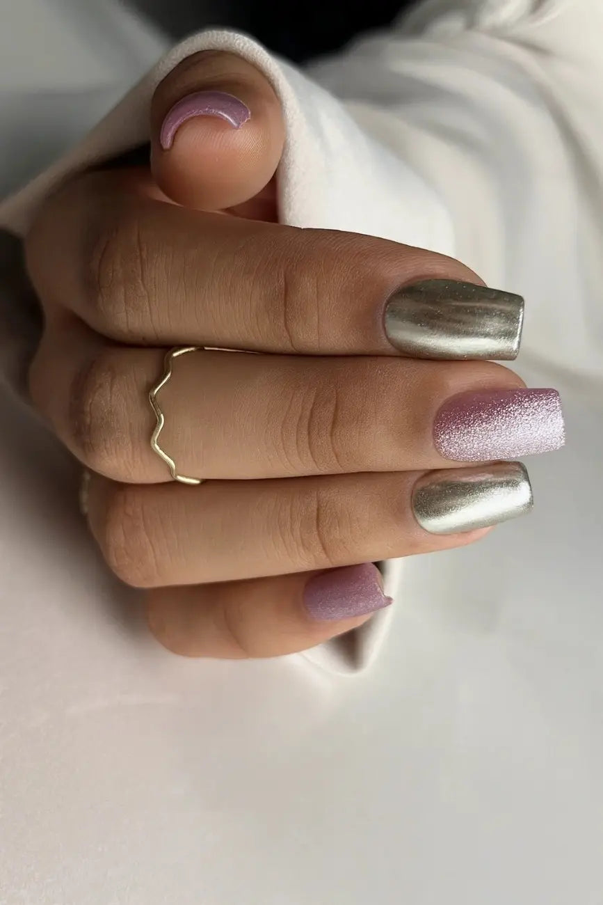 Chrome Bloom reusable press-on nails worn on hand