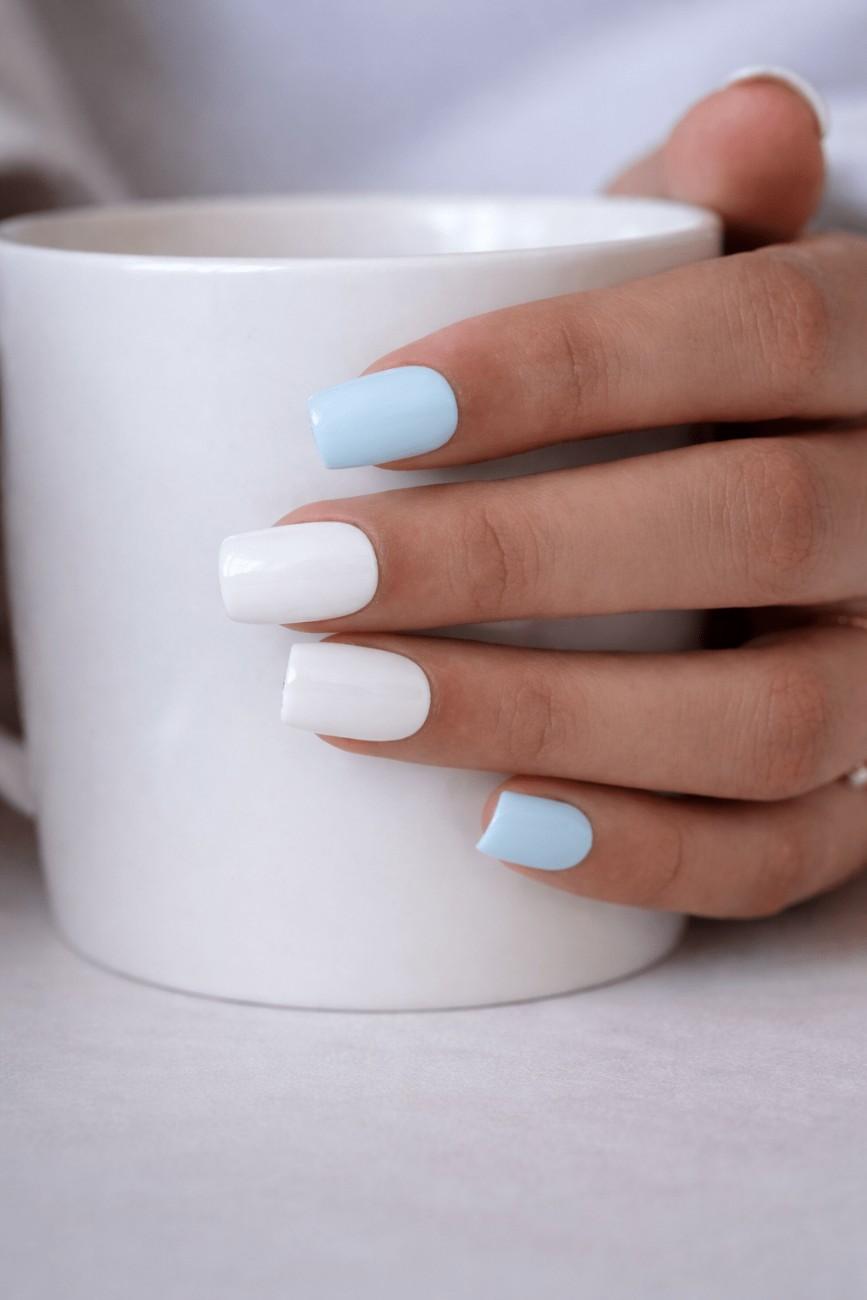 Close-up of Cloud Blue premium handmade press-on nails