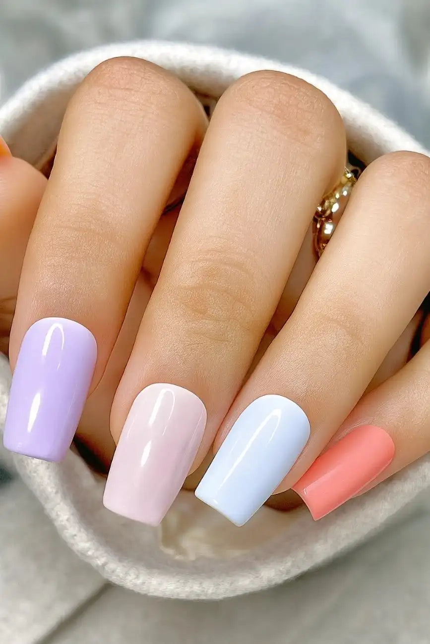 Colour Splash handmade reusable soft gel press-on nails with a vibrant multicolor design by Naakhun