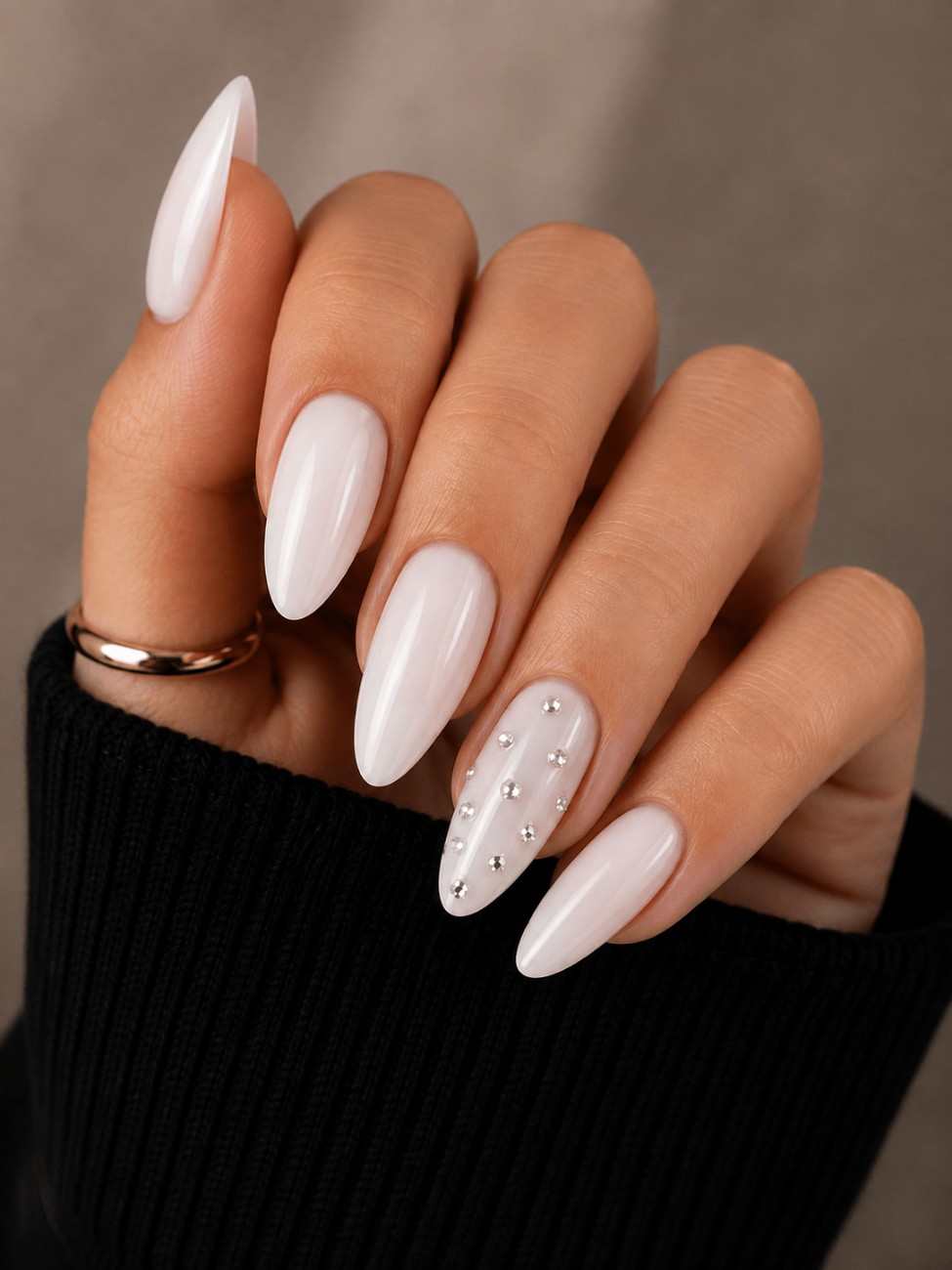 Diamond Aura white press-on nails worn on hand