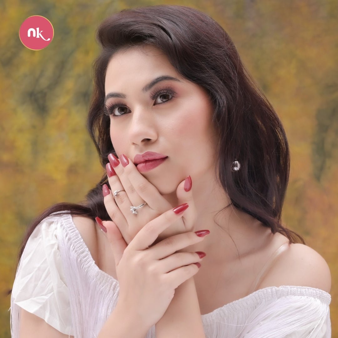 Classy dark red sot gel press on short coffin fake artificial reusable stick on nails online for Indian Brides.