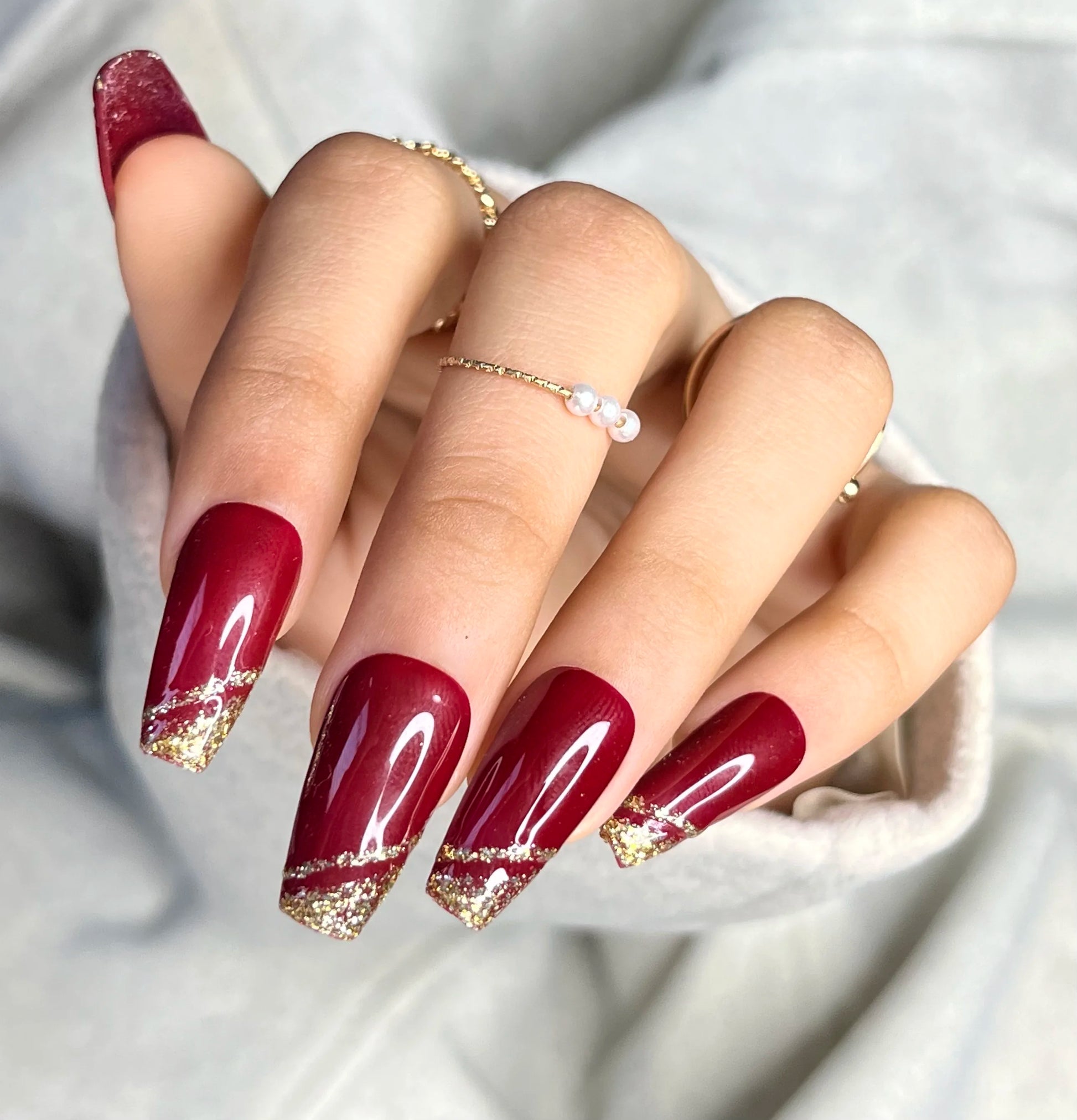 fake glitter french manicure coffin maroon press on nails online