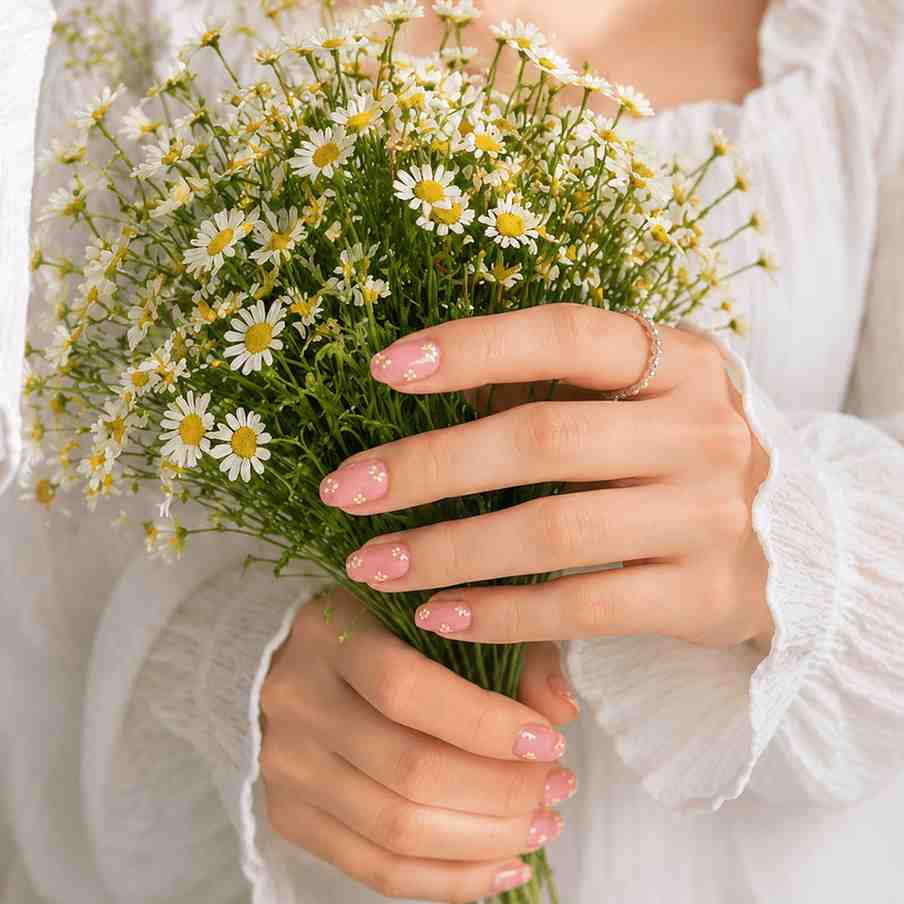 Garden Blush reusable press-on nails worn on hand