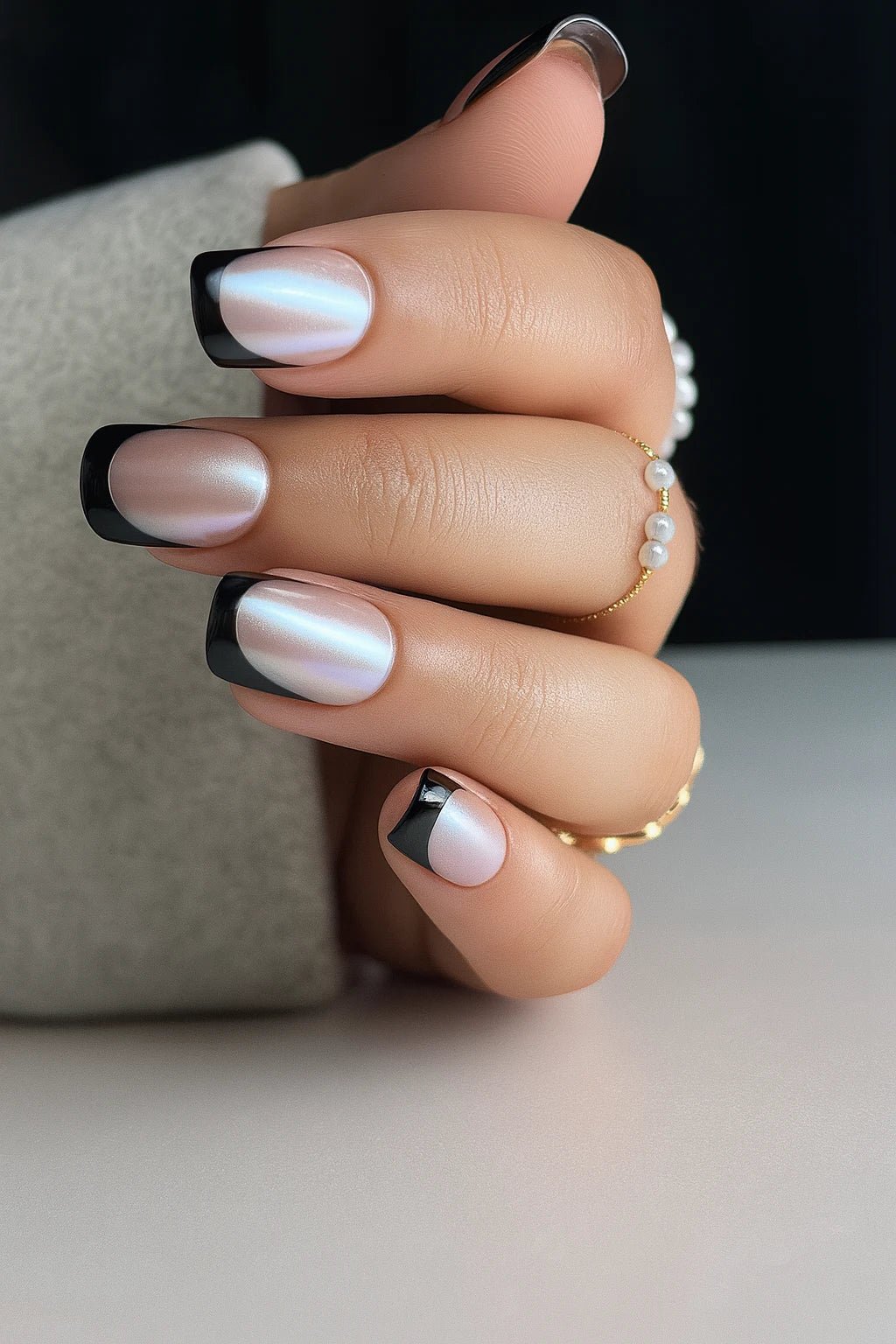 black french nude base silver chrome fake artificial press on nails