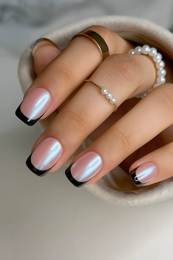 black french tip manicure fake nude base colour with silver white chrome french fake press on nails