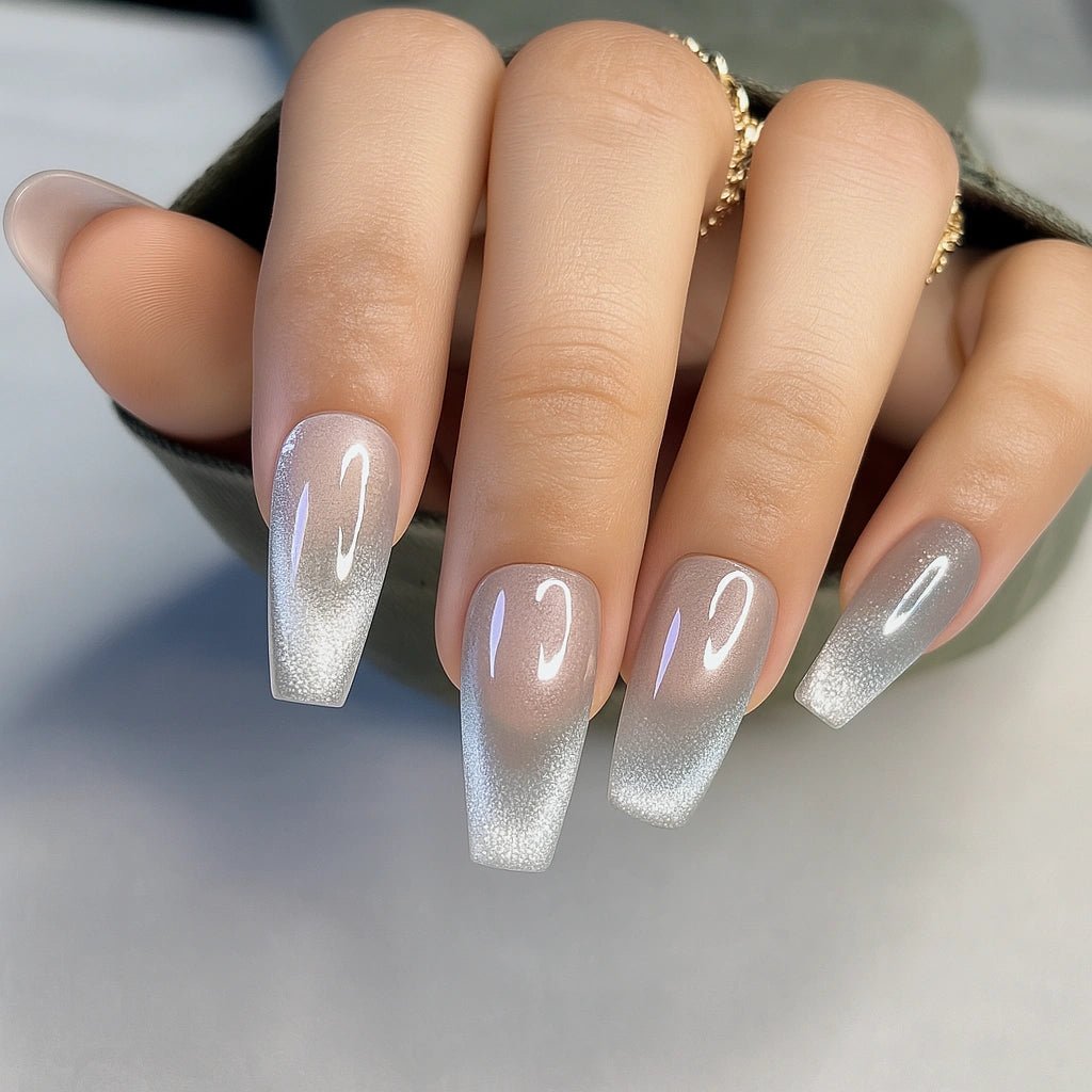 Buy Mirror Silver Cat Eye Coffin Artificial Fake Press On French Nails Online in India in Soft Gel Material