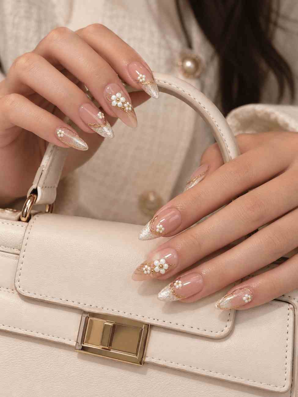 Close-up of Gilded Petals press-on nails