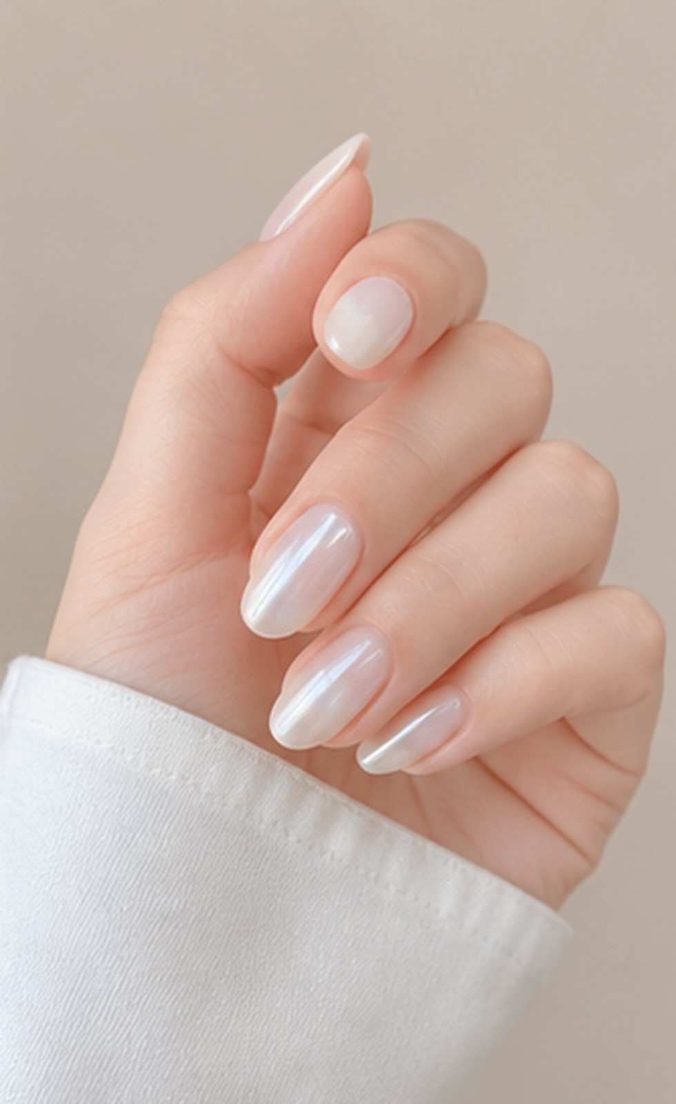 Close-up of Glazed Cat Eye nails showcasing a reflective white cat-eye shimmer and glossy finish.