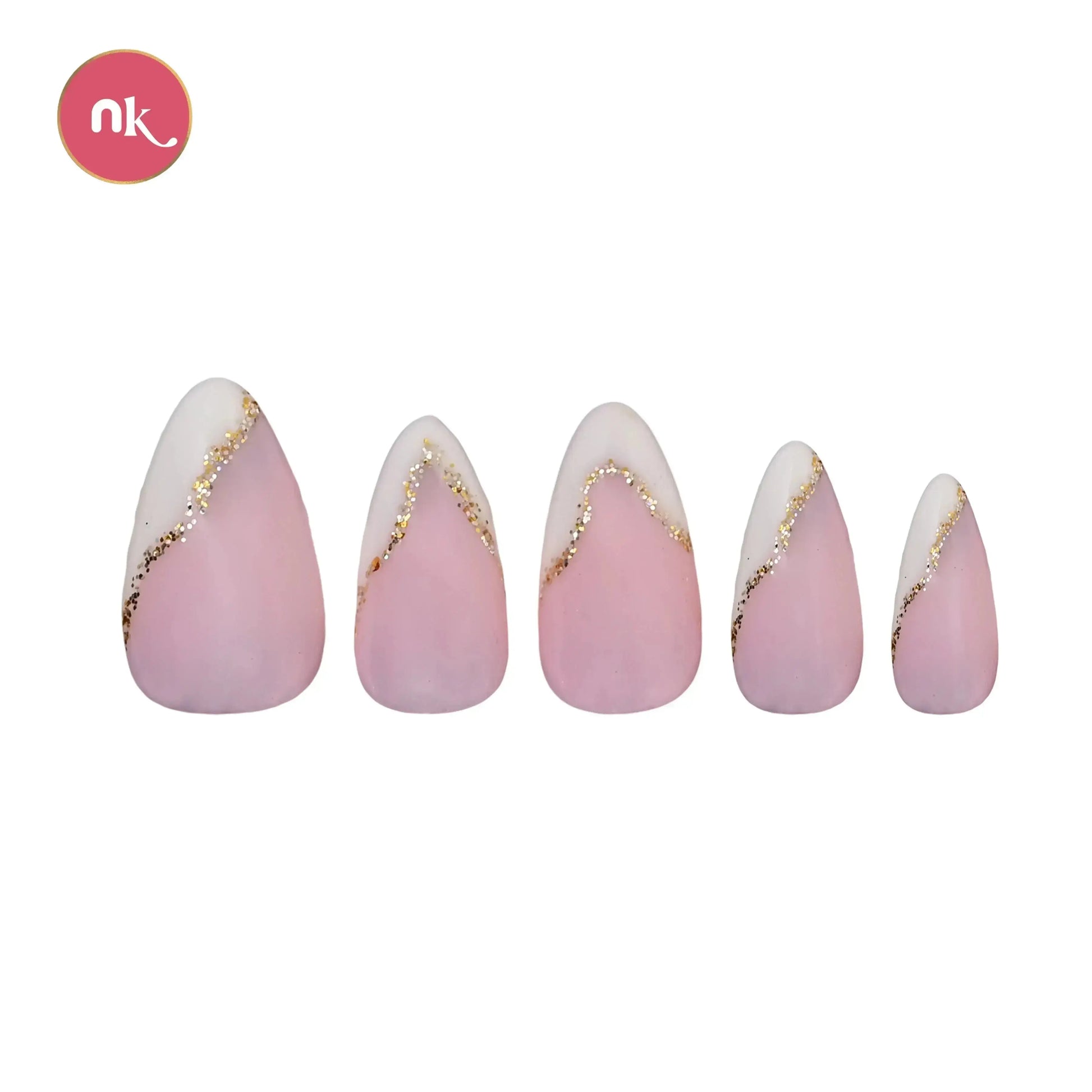 24 Glossy almond shape fake artificial soft gel material nude pink colour press on nails with white and glitter french tip manicure. 