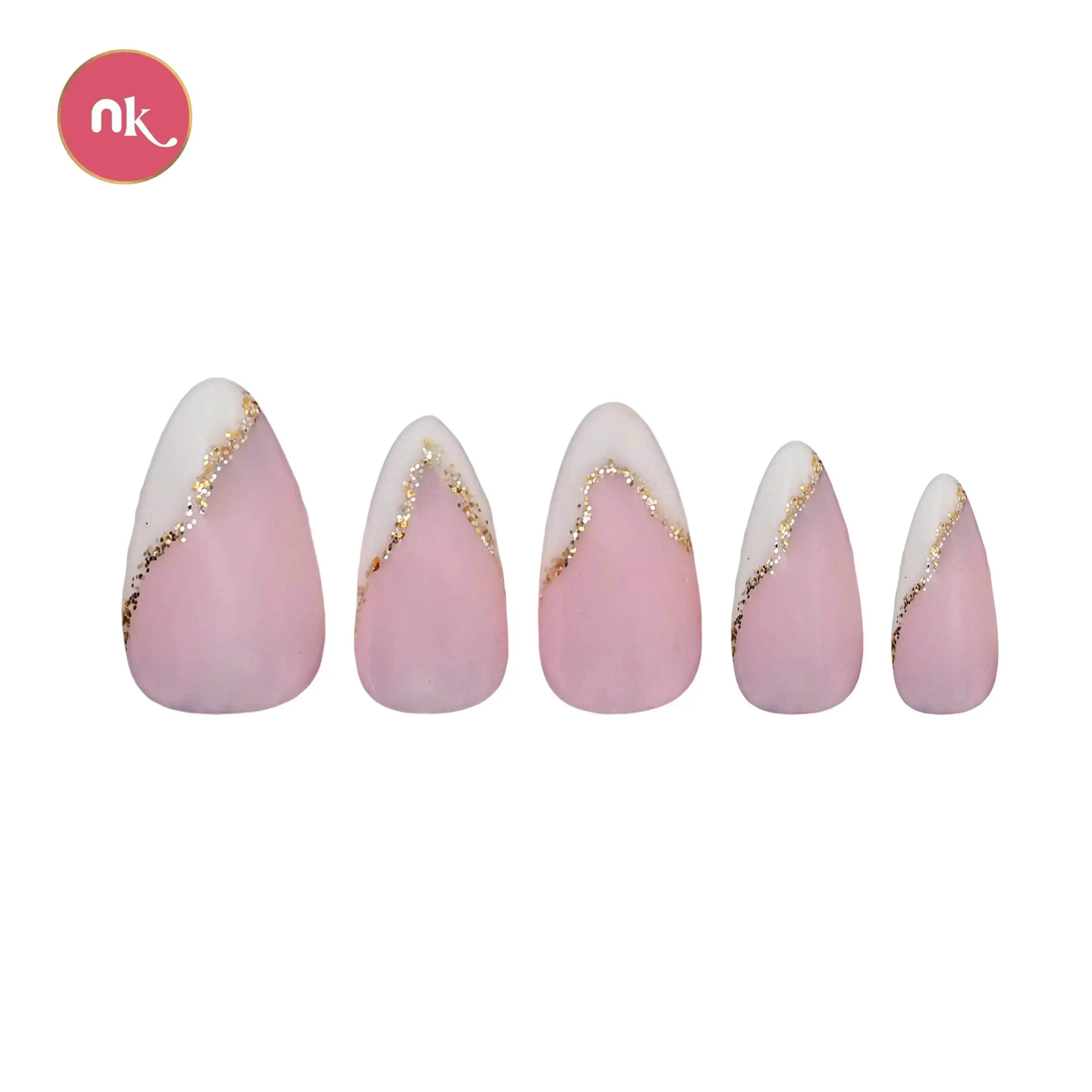 24 Glossy almond shape fake artificial soft gel material nude pink colour press on nails with white and glitter french tip manicure. 