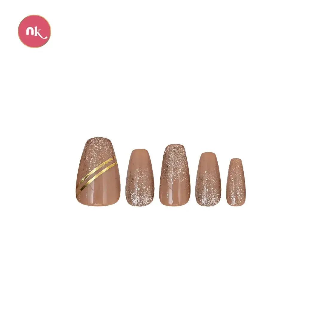 Front view of Golden Fire press-on nails featuring glowing golden details