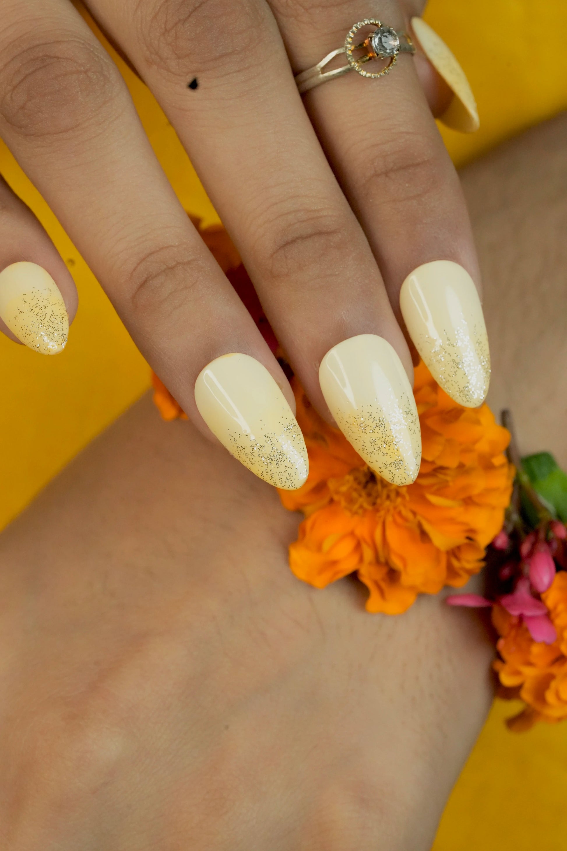 Golden ombré press-on nails ideal for Haldi ceremony, bright and festive.