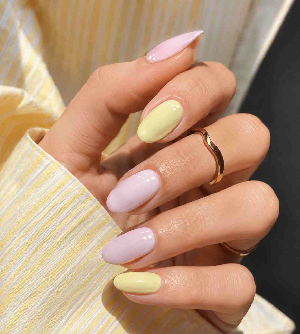 Honey Petal lemon yellow, pastel lavender and pink press-on nail set front view