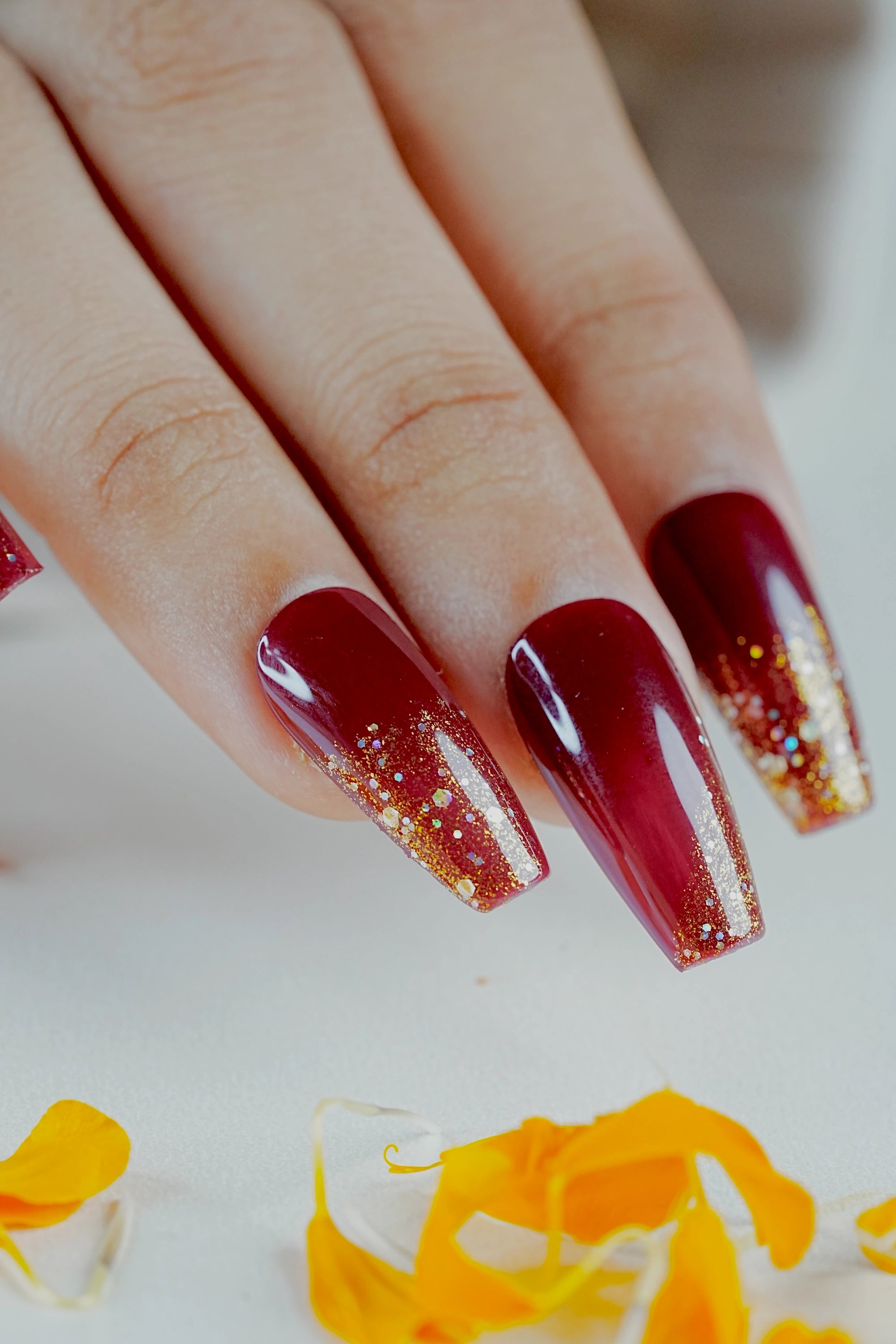 maroon ombre glitter fake nails specially for indian brides
