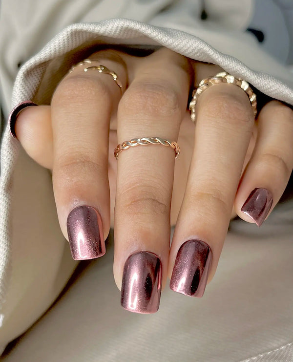 Buy short square metallic rose pink chrome fake nails online in india