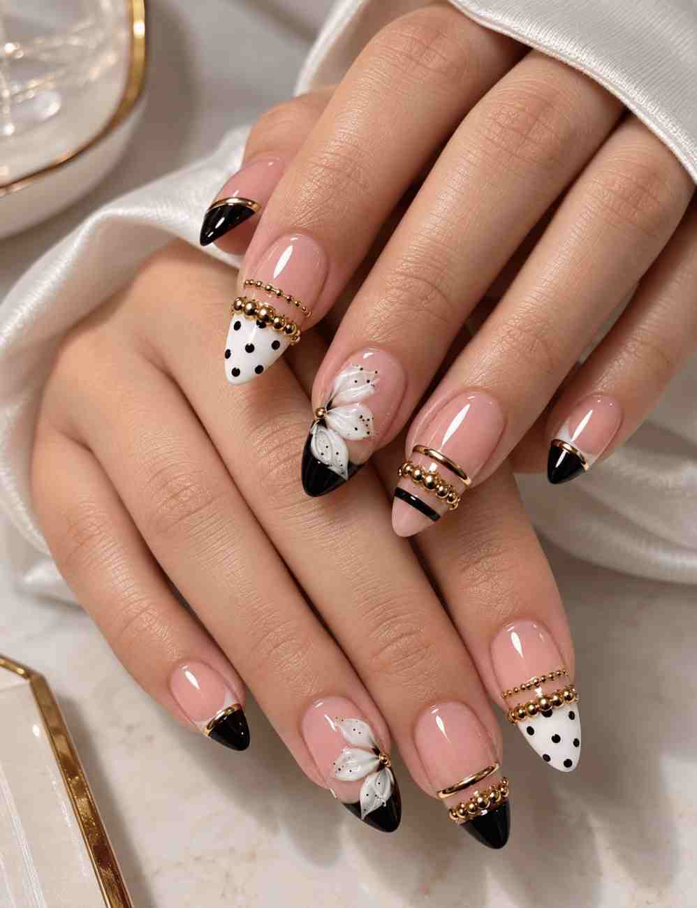 Midnight Butterfly black and white glossy French chrome press-on nails in almond shape